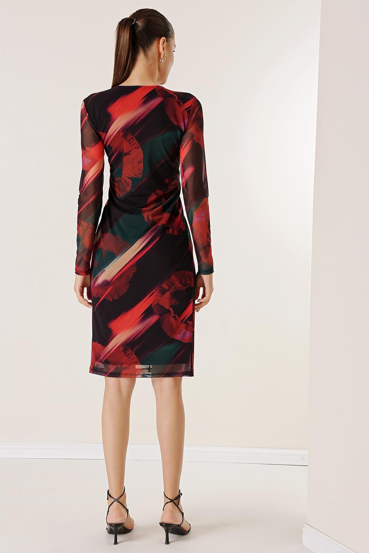 S-23K0840037Patterned Dress with Knot Front detail and Tulle Lined