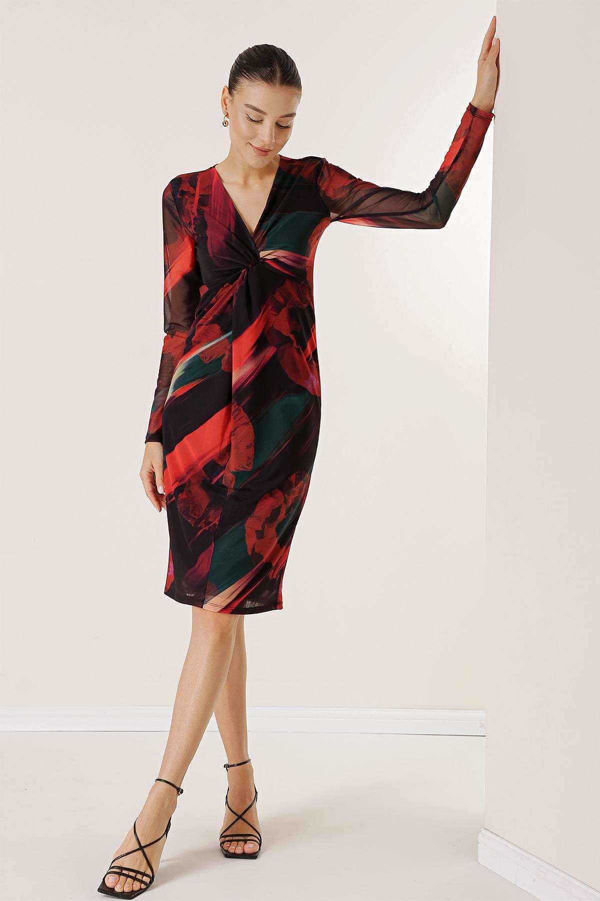 S-23K0840037Patterned Dress with Knot Front detail and Tulle Lined