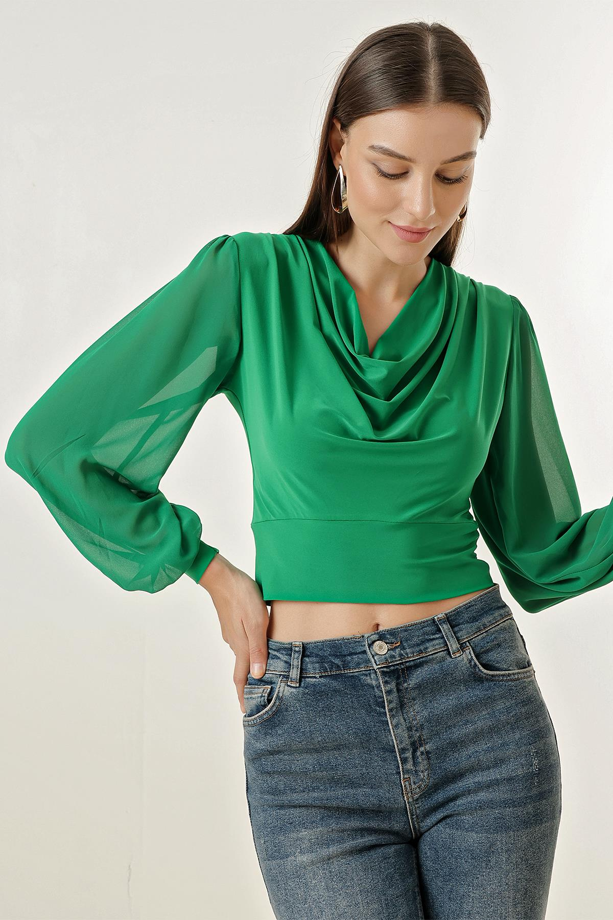 S-23K1030005Décolleté Neckline Chiffon Lycra Sleeved Blouse