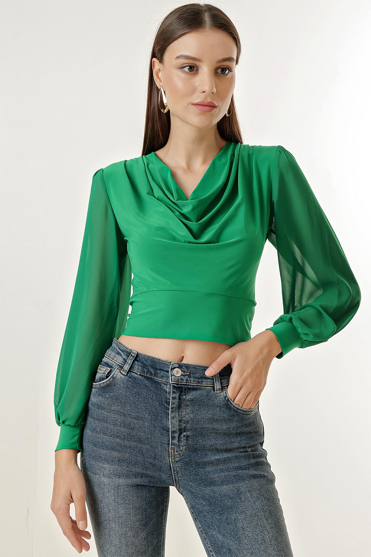 S-23K1030005Décolleté Neckline Chiffon Lycra Sleeved Blouse