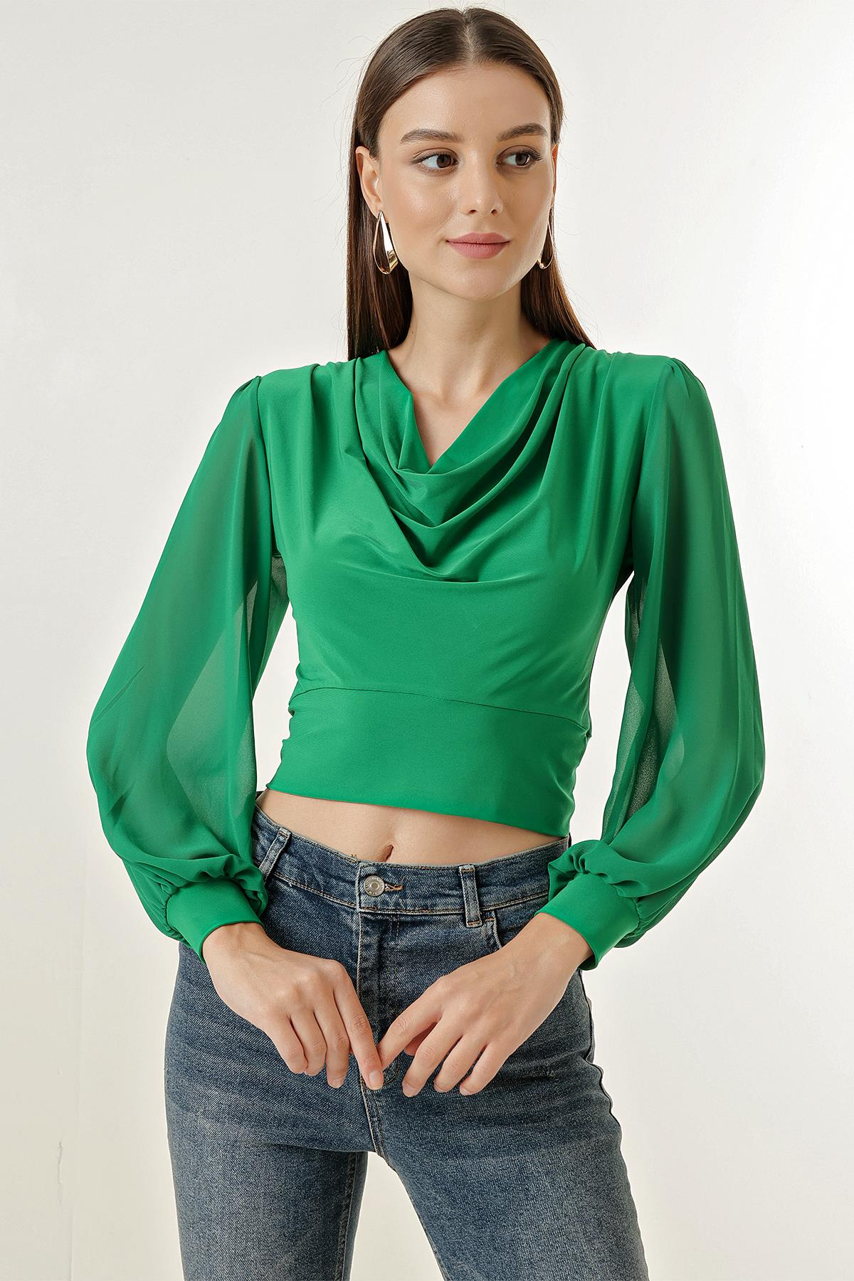 S-23K1030005Décolleté Neckline Chiffon Lycra Sleeved Blouse