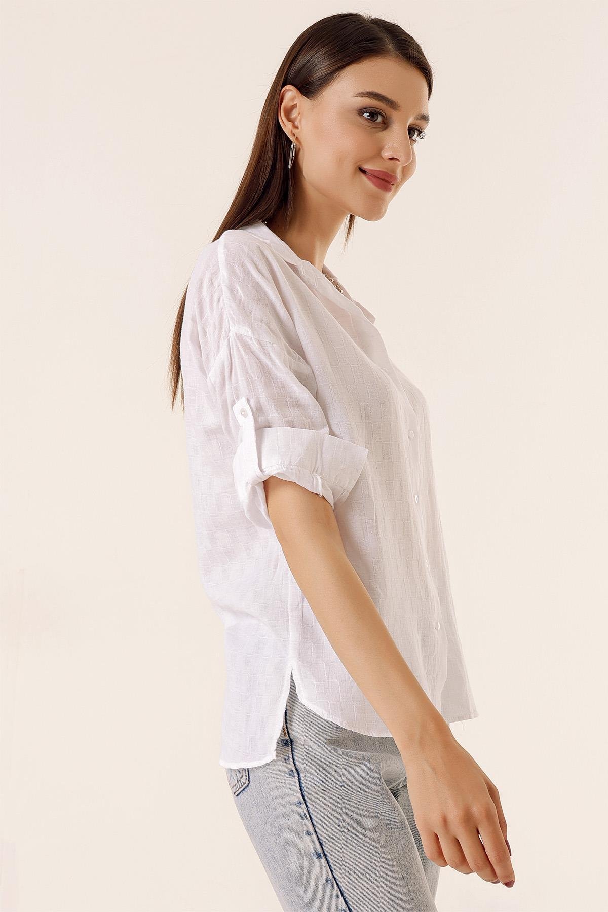 S-23K1030016Önden Düğmeli Polo Yaka Kolları Katlamalı Düğmeli Gömlek