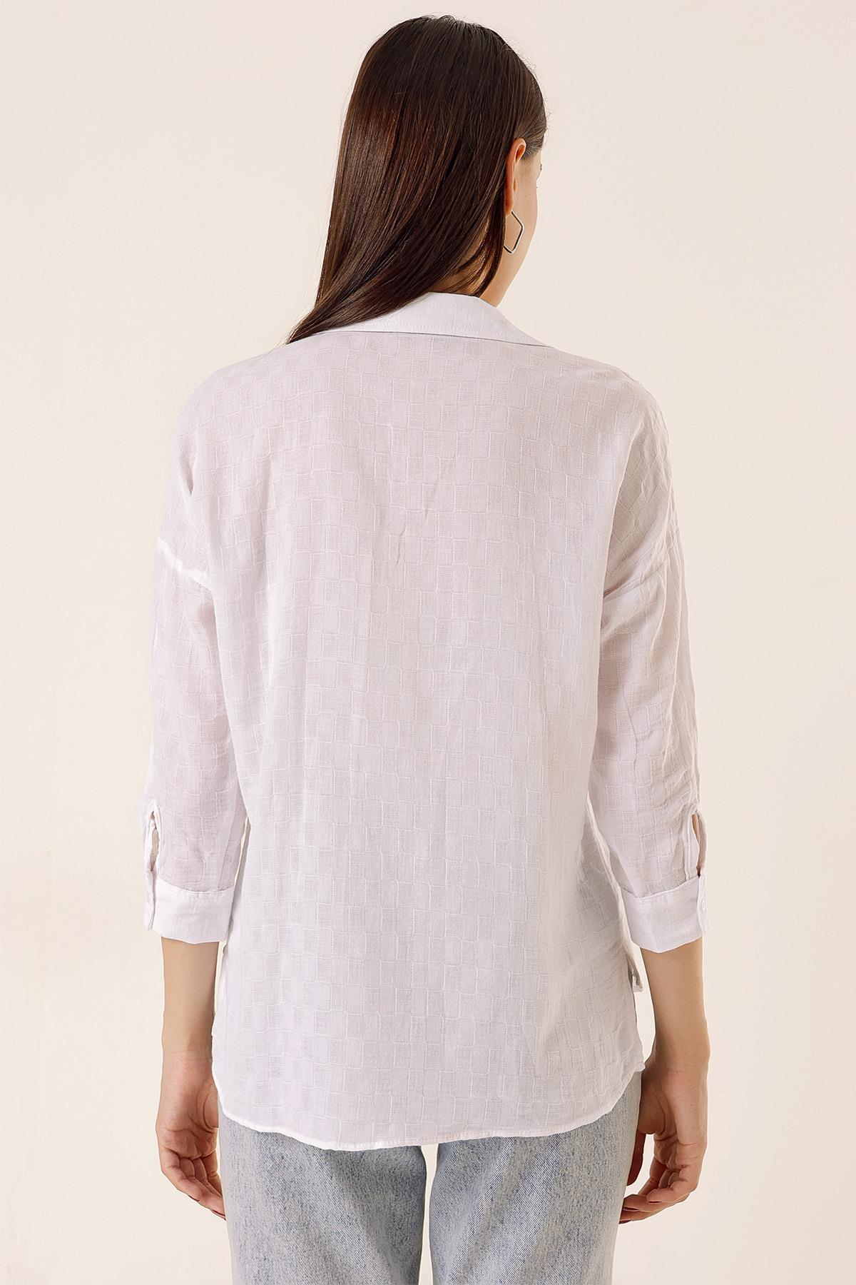 S-23K1030016Önden Düğmeli Polo Yaka Kolları Katlamalı Düğmeli Gömlek