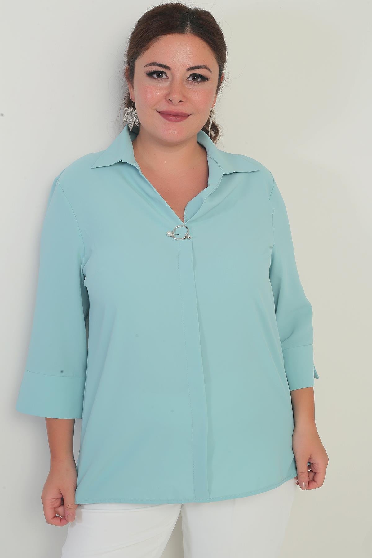 S-23K1040026Polo Yaka  Çeyrek Kol Büyük Beden Bluz