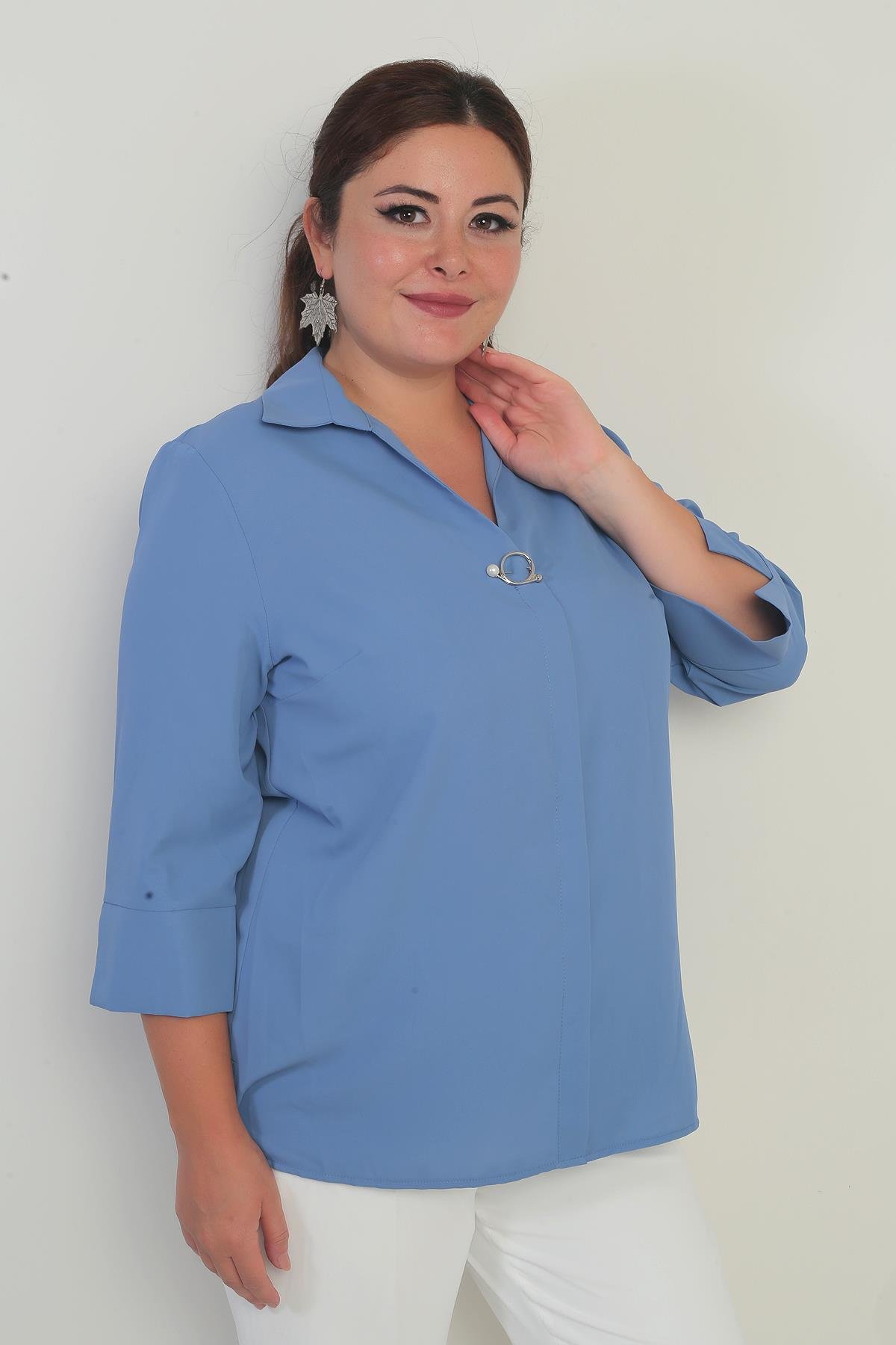 S-23K1040026Polo Yaka  Çeyrek Kol Büyük Beden Bluz