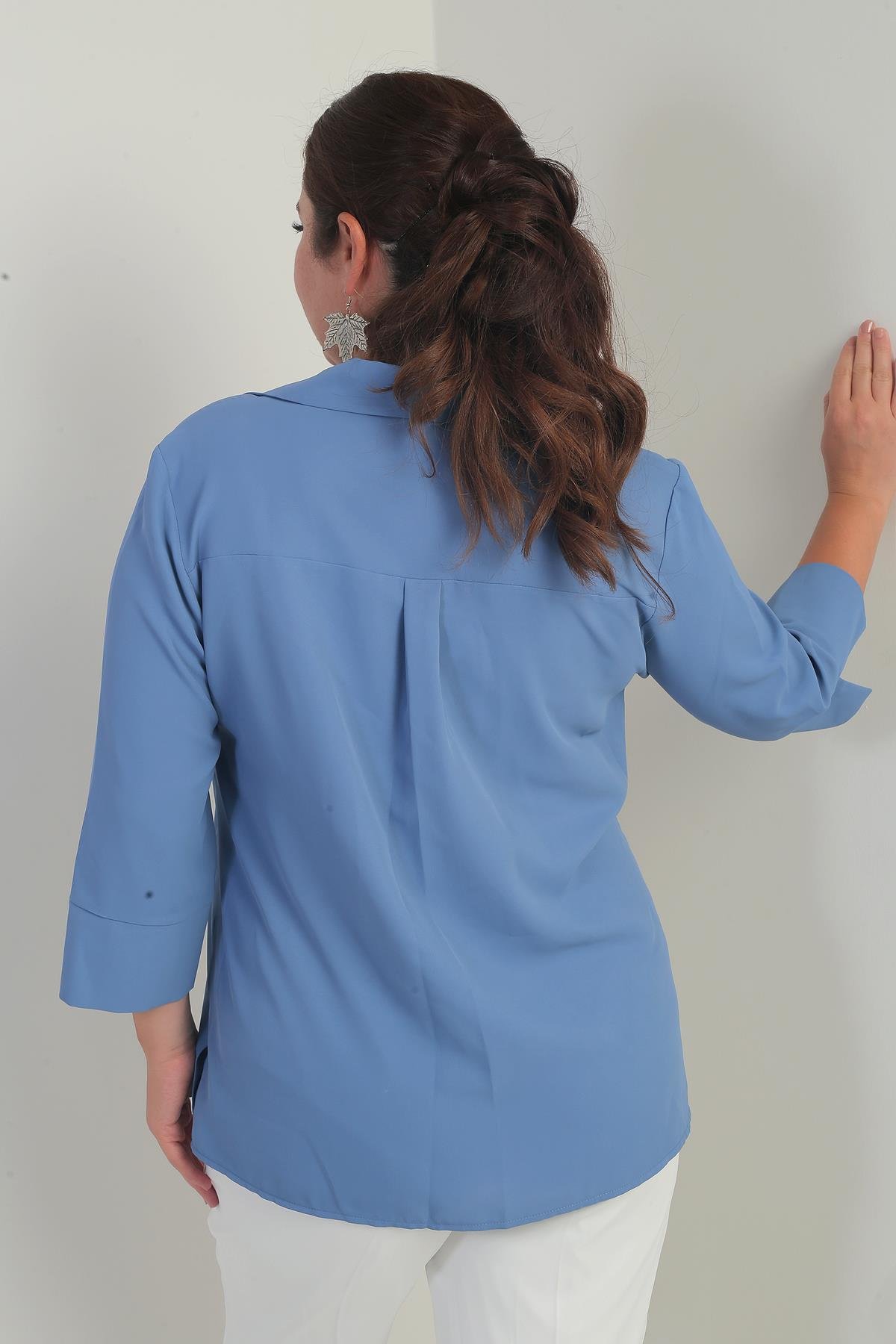 S-23K1040026Polo Yaka  Çeyrek Kol Büyük Beden Bluz