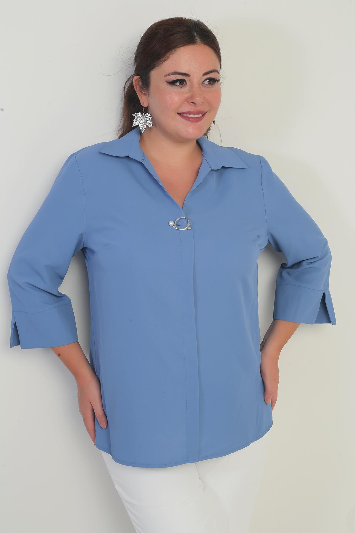 S-23K1040026Polo Yaka  Çeyrek Kol Büyük Beden Bluz