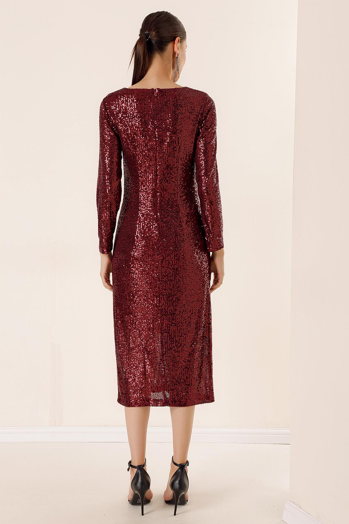 S-23K1040032V Yaka Önü Büzgülü Astarlı Pulpayet Elbise