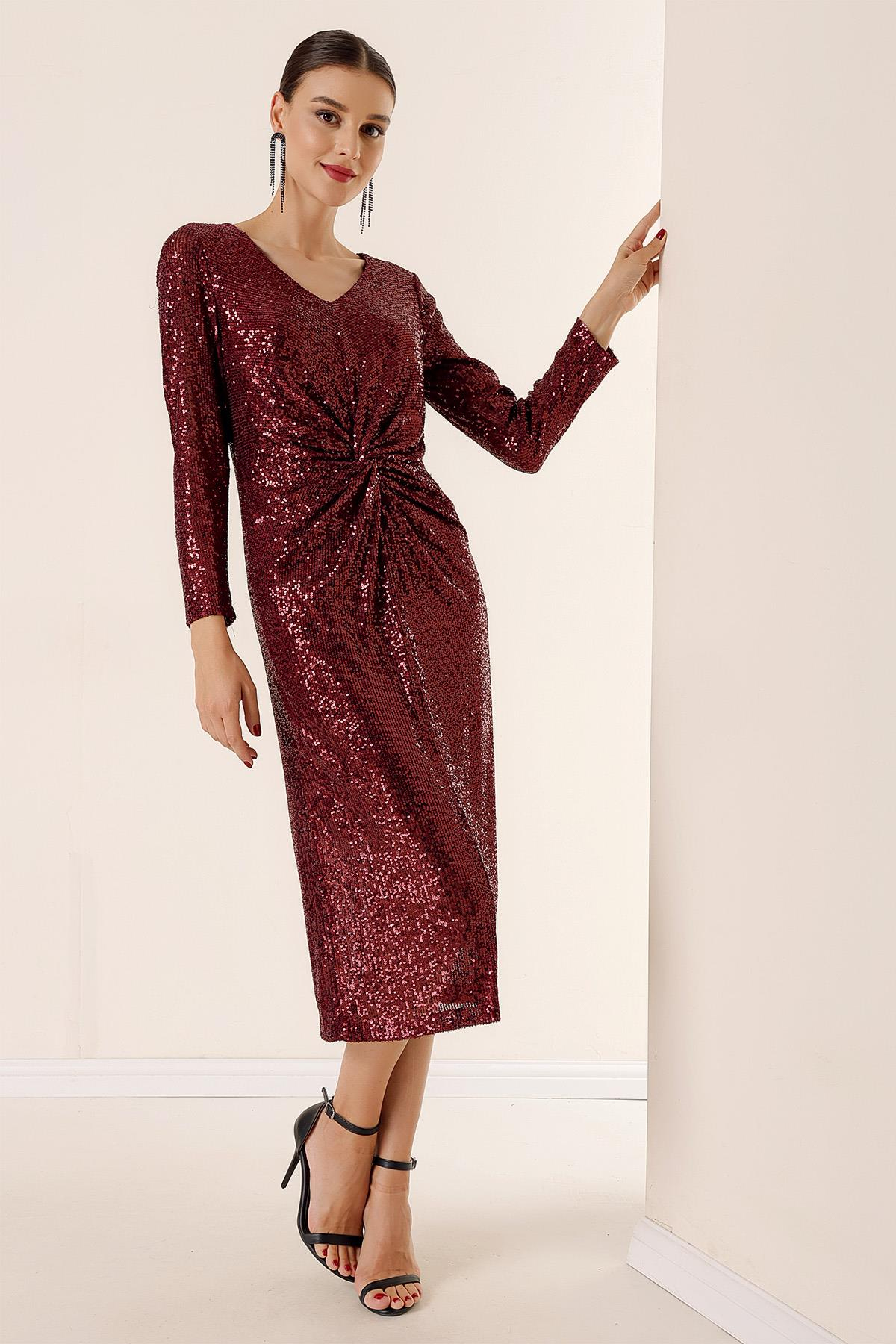 S-23K1040032V Yaka Önü Büzgülü Astarlı Pulpayet Elbise