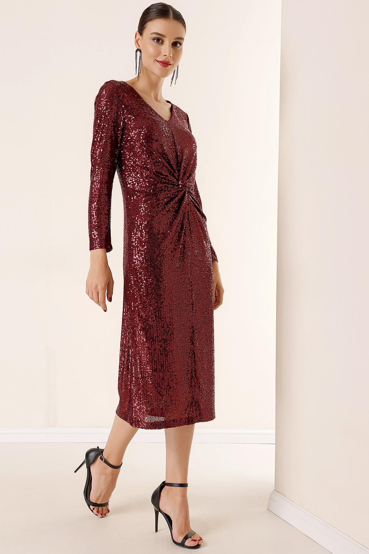 S-23K1040032V Yaka Önü Büzgülü Astarlı Pulpayet Elbise