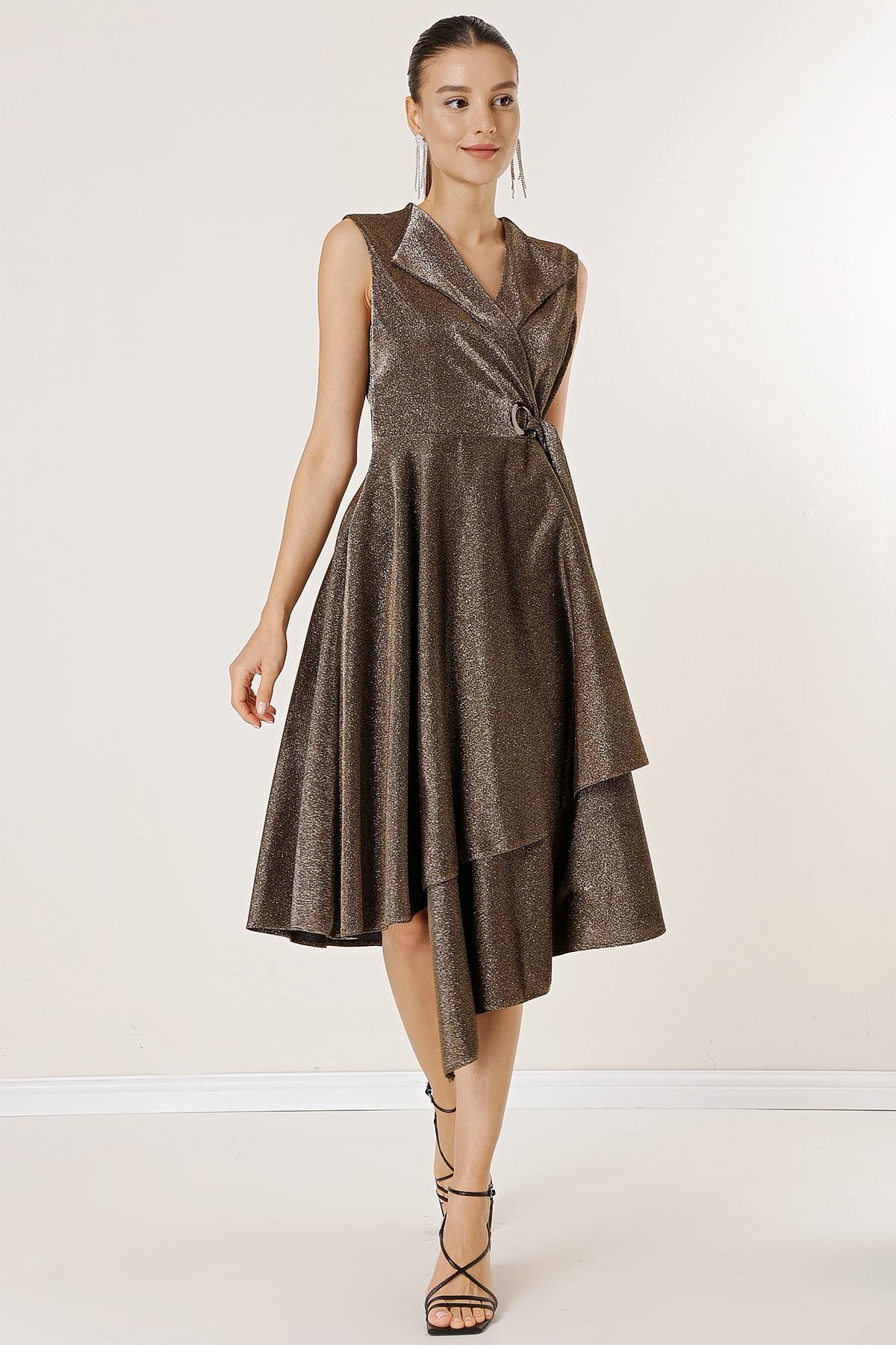 S-23K1040055Crossover Neckline Sequined Belted Dress