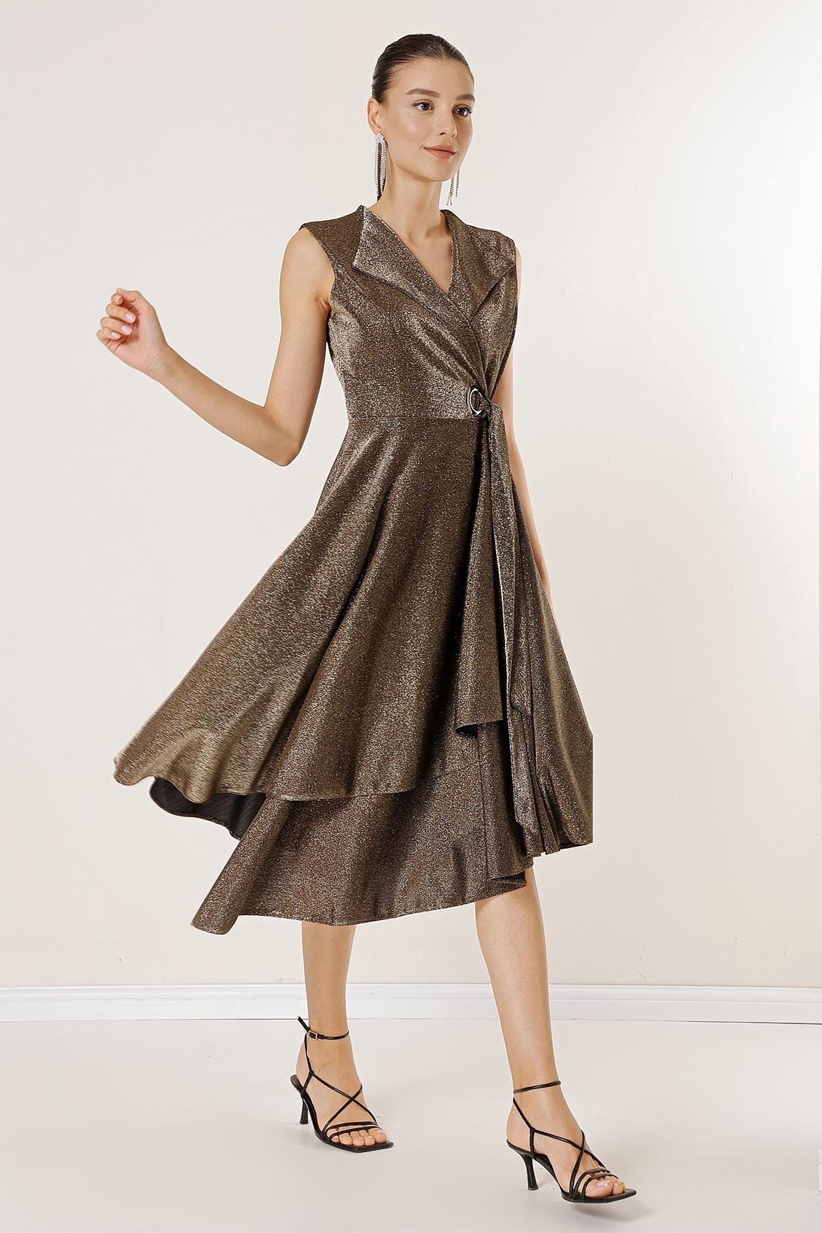 S-23K1040055Crossover Neckline Sequined Belted Dress