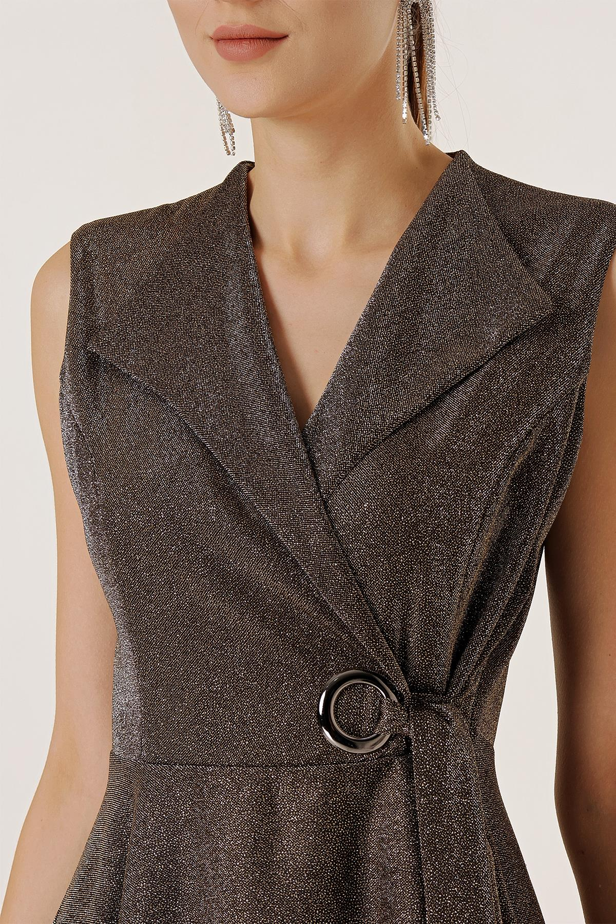 S-23K1040055Crossover Neckline Sequined Belted Dress