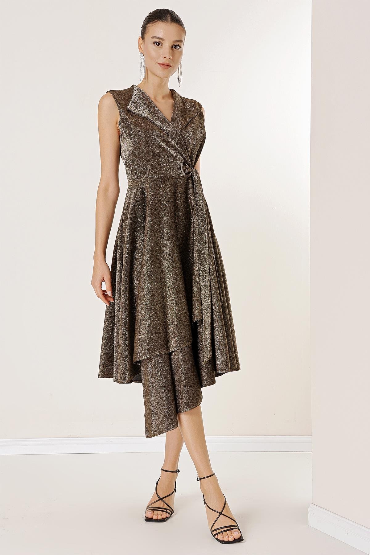 S-23K1040055Crossover Neckline Sequined Belted Dress