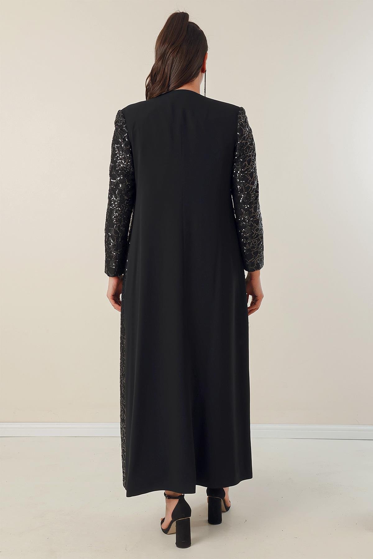 S-23K1190013Yarım Ay Kollu Uzun Krep Elbise Kolu Ve Önü Pulpayet Kaftan Astarlı Büyük Beden 2'li Takım