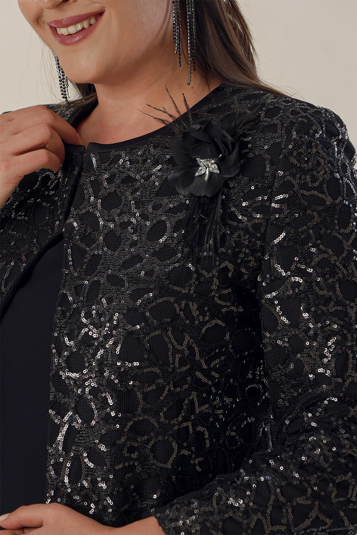 S-23K1190013Yarım Ay Kollu Uzun Krep Elbise Kolu Ve Önü Pulpayet Kaftan Astarlı Büyük Beden 2'li Takım