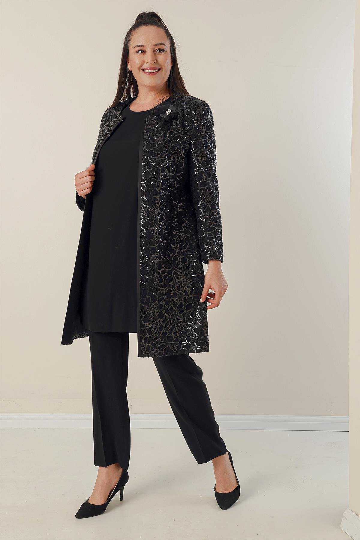 S-23K1190014Side-slit Crepe Blouse, jacket with Sequined front and arms, your trousers large 3-Piece Set