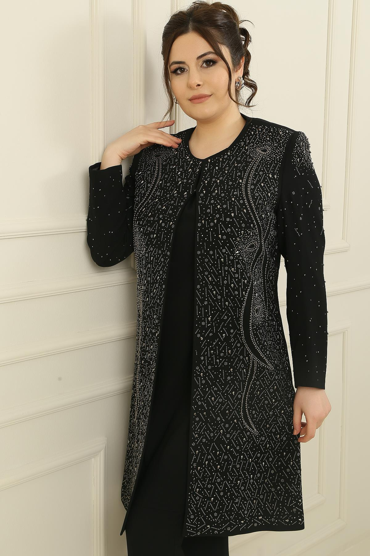 S-23K1190018İçi Kolsuz Bluz Taş Baskılı Astarlı Uzun Ceket dar Paça Pantolon Büyük Beden 3'lü Takım