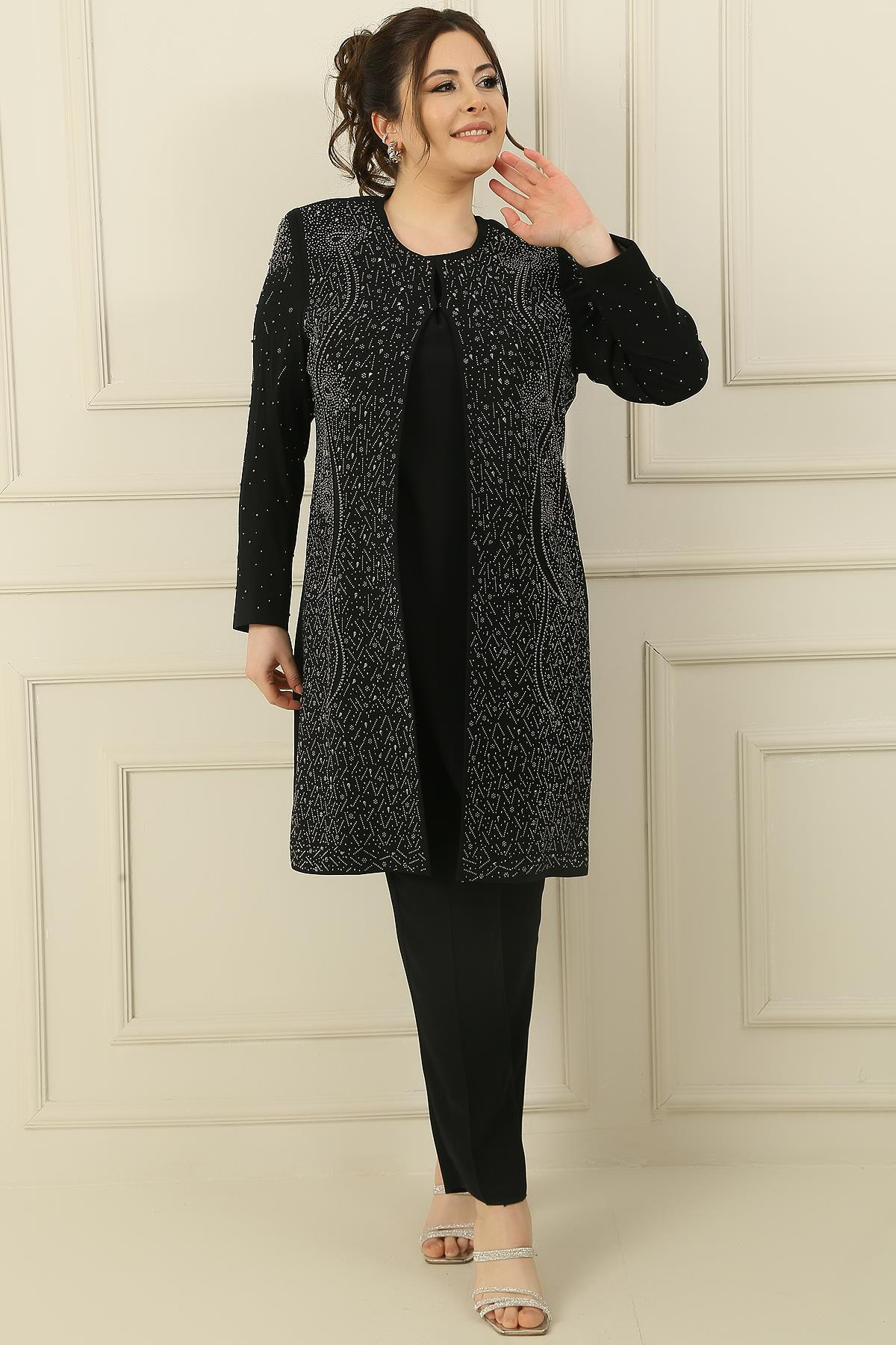 S-23K1190018İçi Kolsuz Bluz Taş Baskılı Astarlı Uzun Ceket dar Paça Pantolon Büyük Beden 3'lü Takım