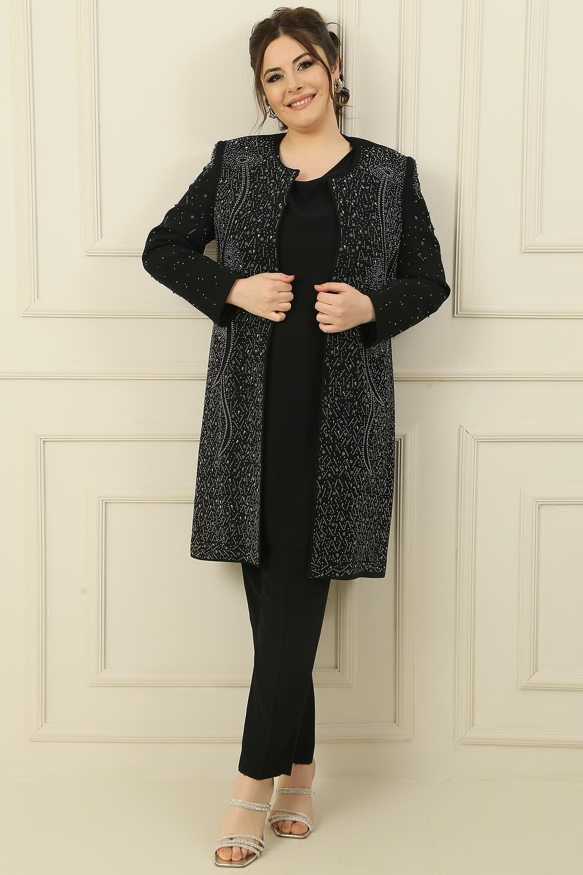 S-23K1190018İçi Kolsuz Bluz Taş Baskılı Astarlı Uzun Ceket dar Paça Pantolon Büyük Beden 3'lü Takım