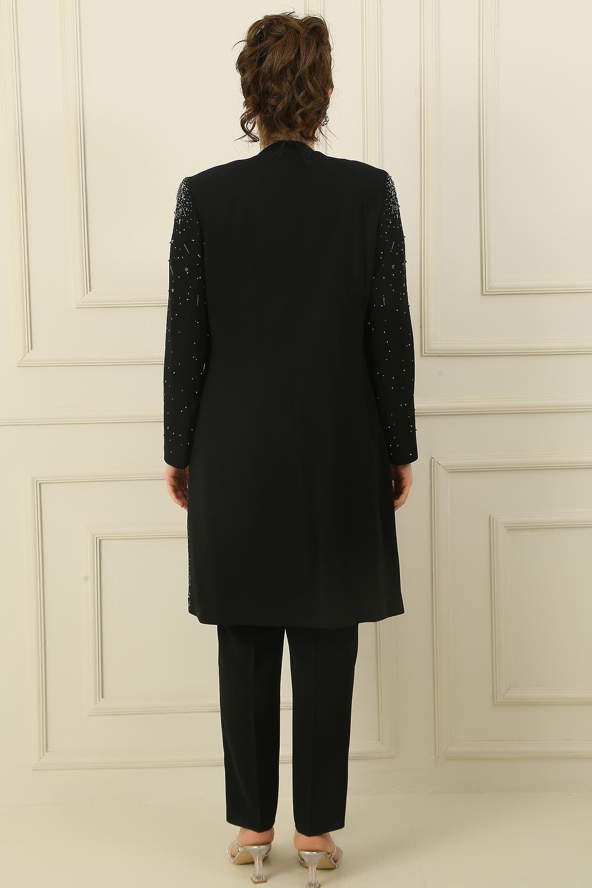 S-23K1190018İçi Kolsuz Bluz Taş Baskılı Astarlı Uzun Ceket dar Paça Pantolon Büyük Beden 3'lü Takım