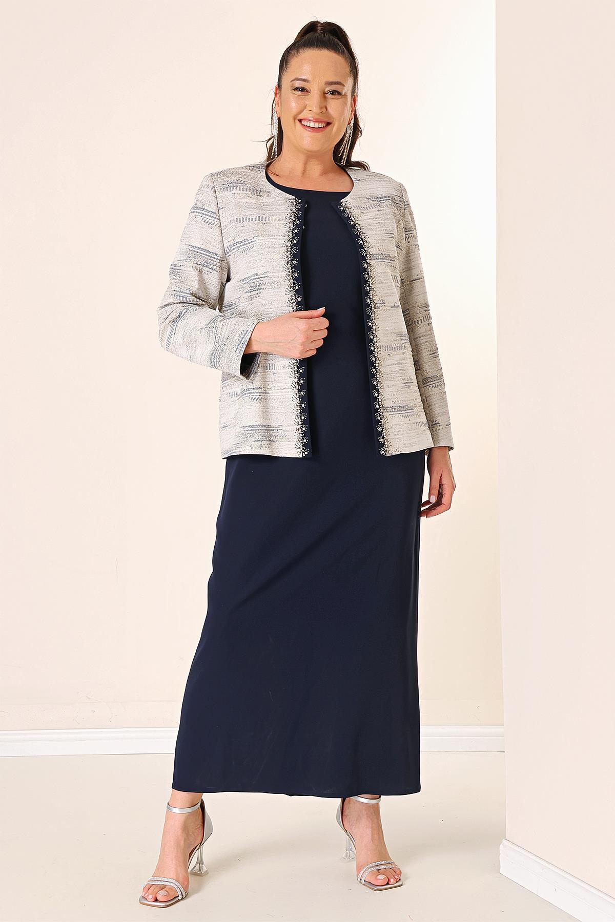 S-23K1190024Kolsuz Uzun Elbise Taş Detaylı Jakarlı Büyük Beden Astarlı 2'li Takım