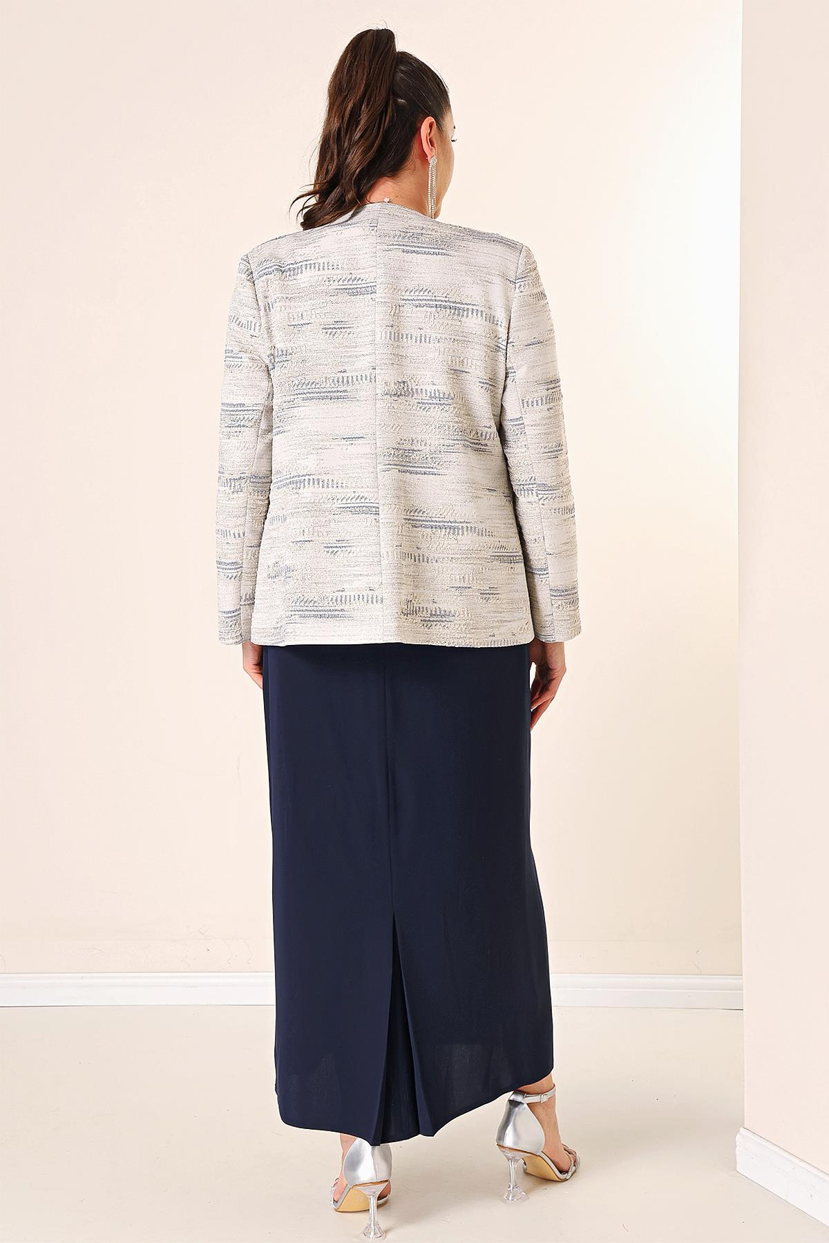 S-23K1190024Kolsuz Uzun Elbise Taş Detaylı Jakarlı Büyük Beden Astarlı 2'li Takım