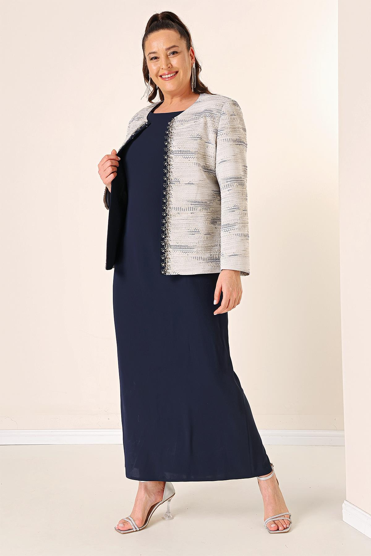 S-23K1190024Kolsuz Uzun Elbise Taş Detaylı Jakarlı Büyük Beden Astarlı 2'li Takım