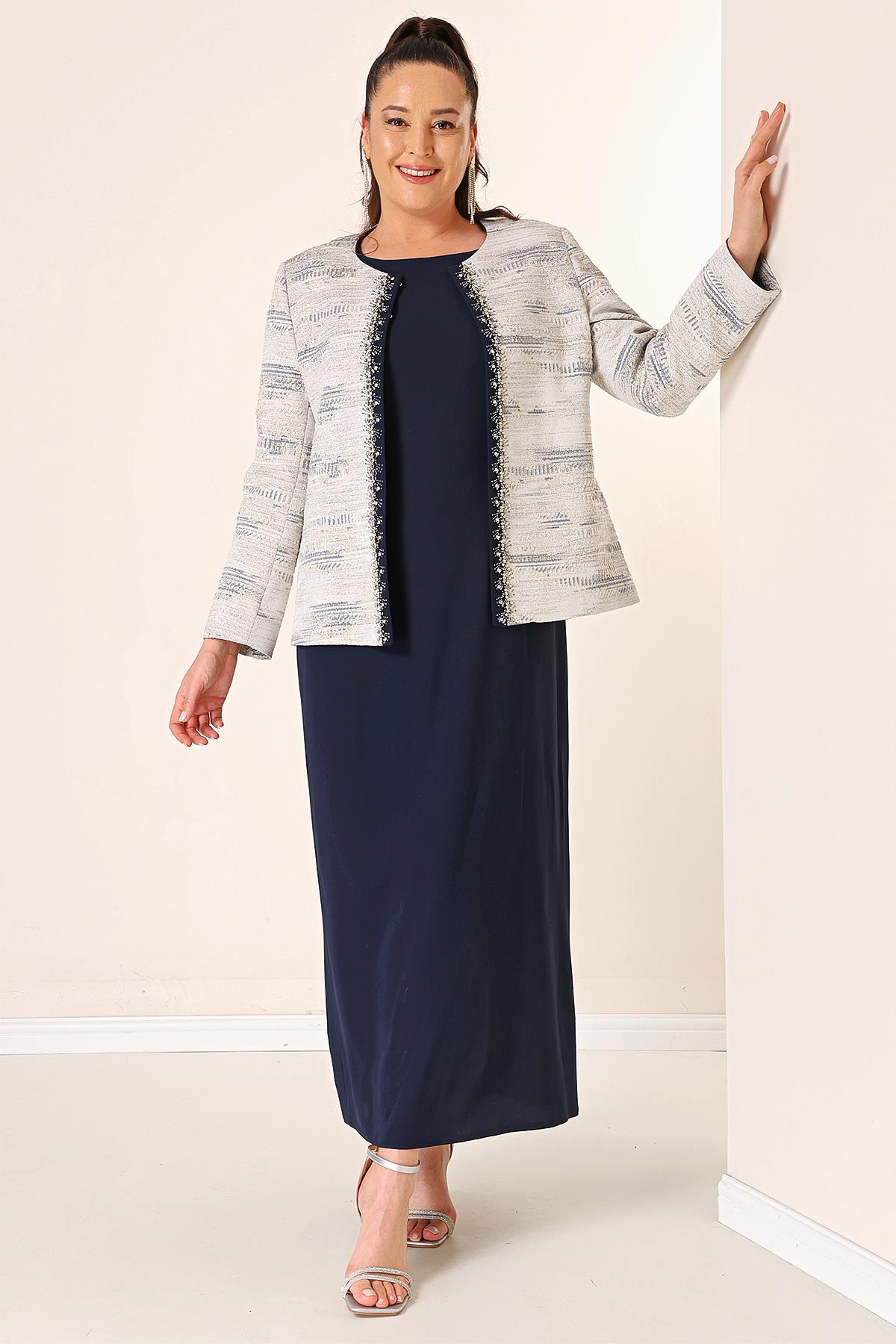 S-23K1190024Kolsuz Uzun Elbise Taş Detaylı Jakarlı Büyük Beden Astarlı 2'li Takım