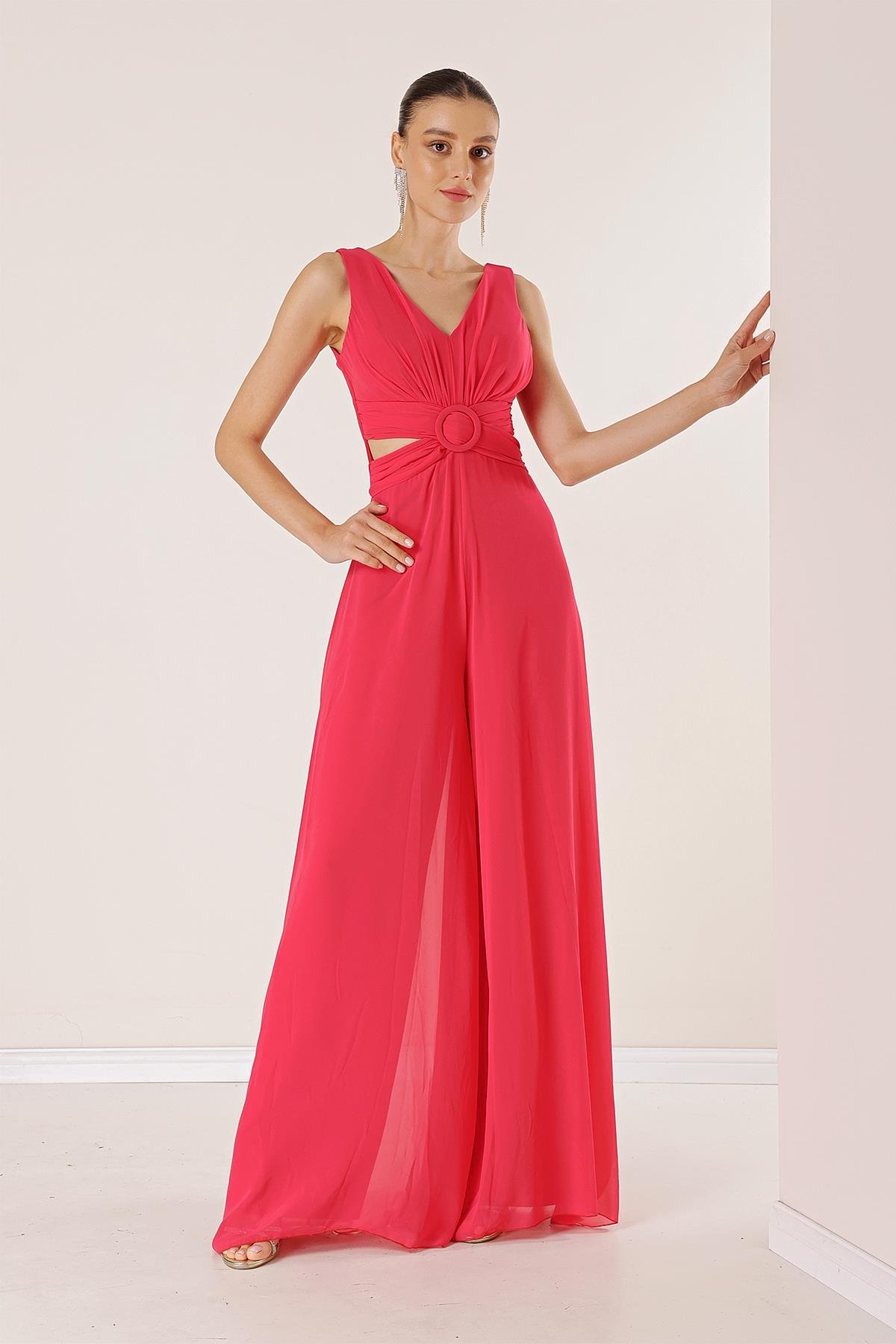 S-23K1210012Waist-front and back décolleté V-neck Chiffon lined jumpsuit