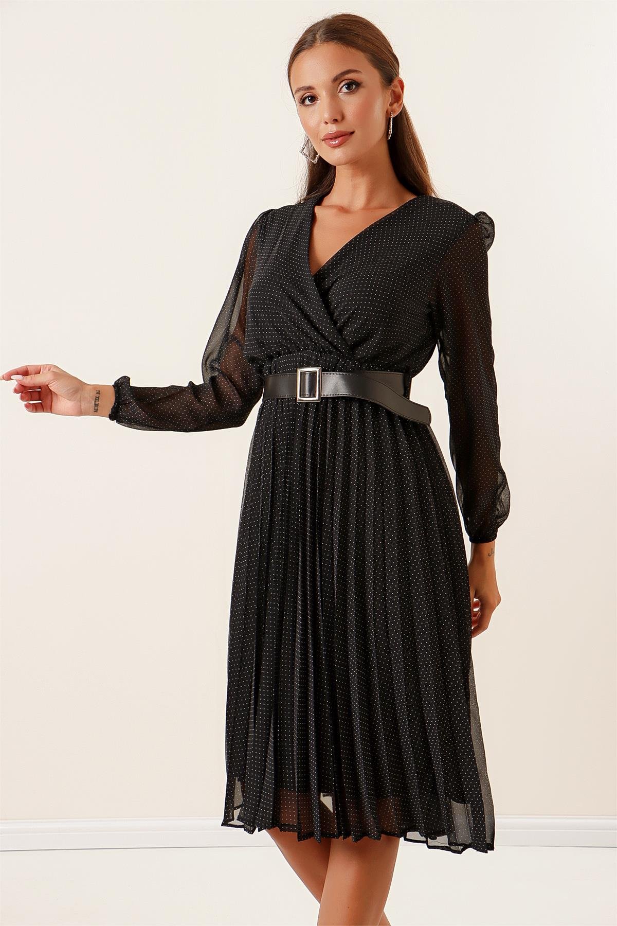 S-23K1520001Crossover Neck Belted Pleated Chiffon Lined Dress Spotted