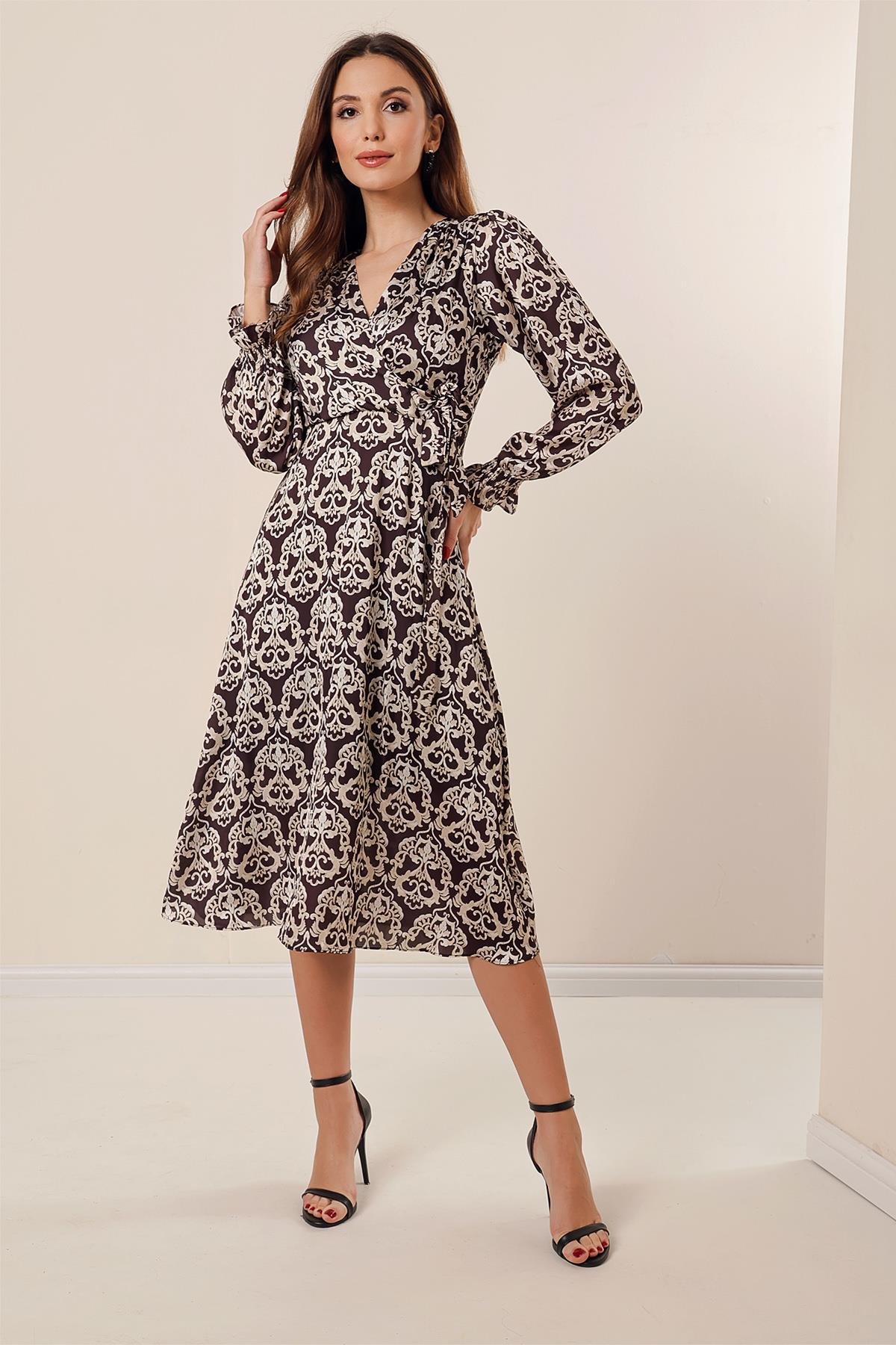 S-23K1520009Buy crossover neckline pleated waist with bow ties patterned dress with Lining