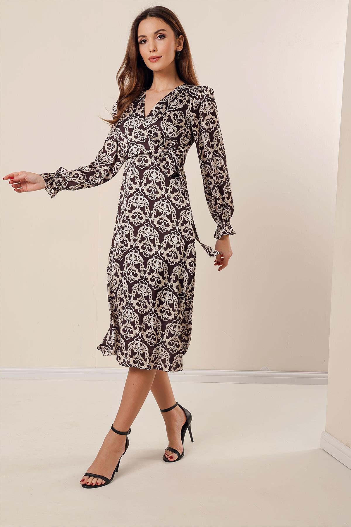 S-23K1520009Buy crossover neckline pleated waist with bow ties patterned dress with Lining