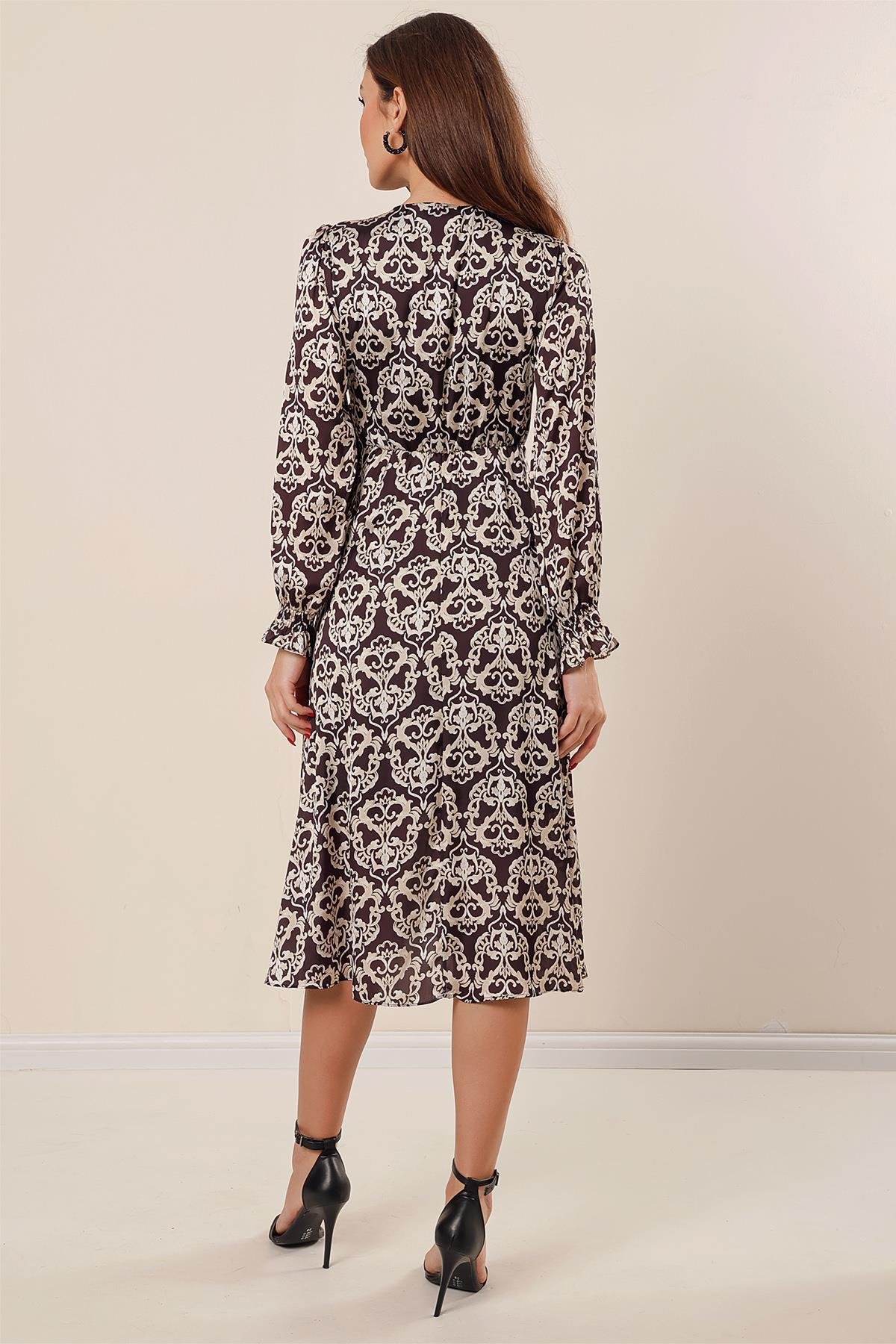 S-23K1520009Buy crossover neckline pleated waist with bow ties patterned dress with Lining