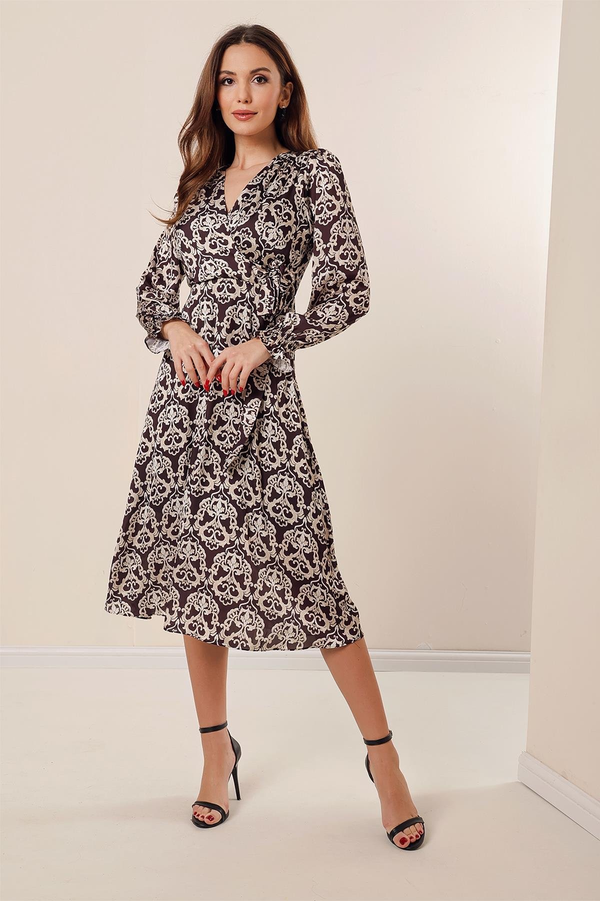 S-23K1520009Buy crossover neckline pleated waist with bow ties patterned dress with Lining