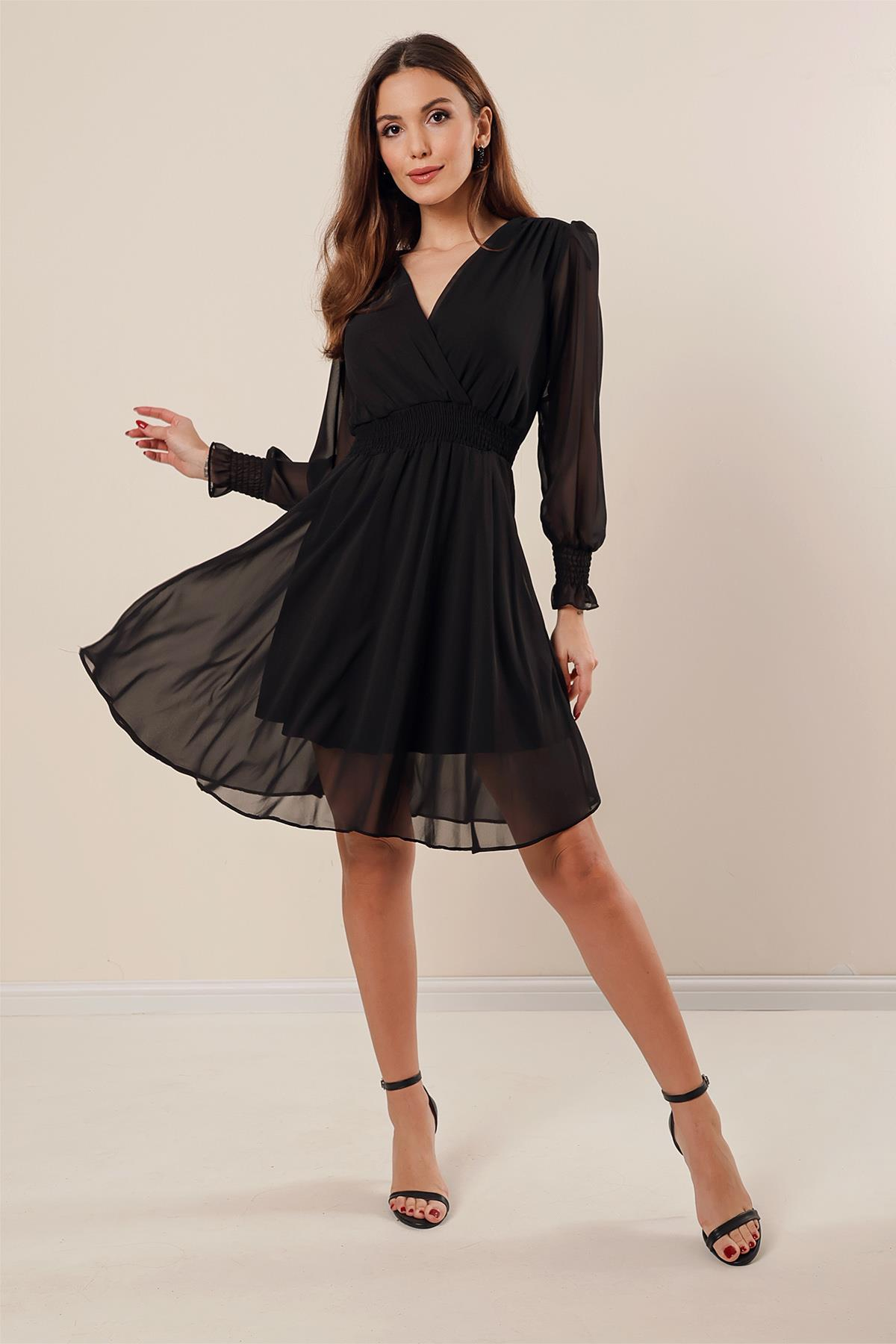 S-23K1520022Crossover Neckline with lace waist and chiffon dress Short Sleeve front Ends are lined up