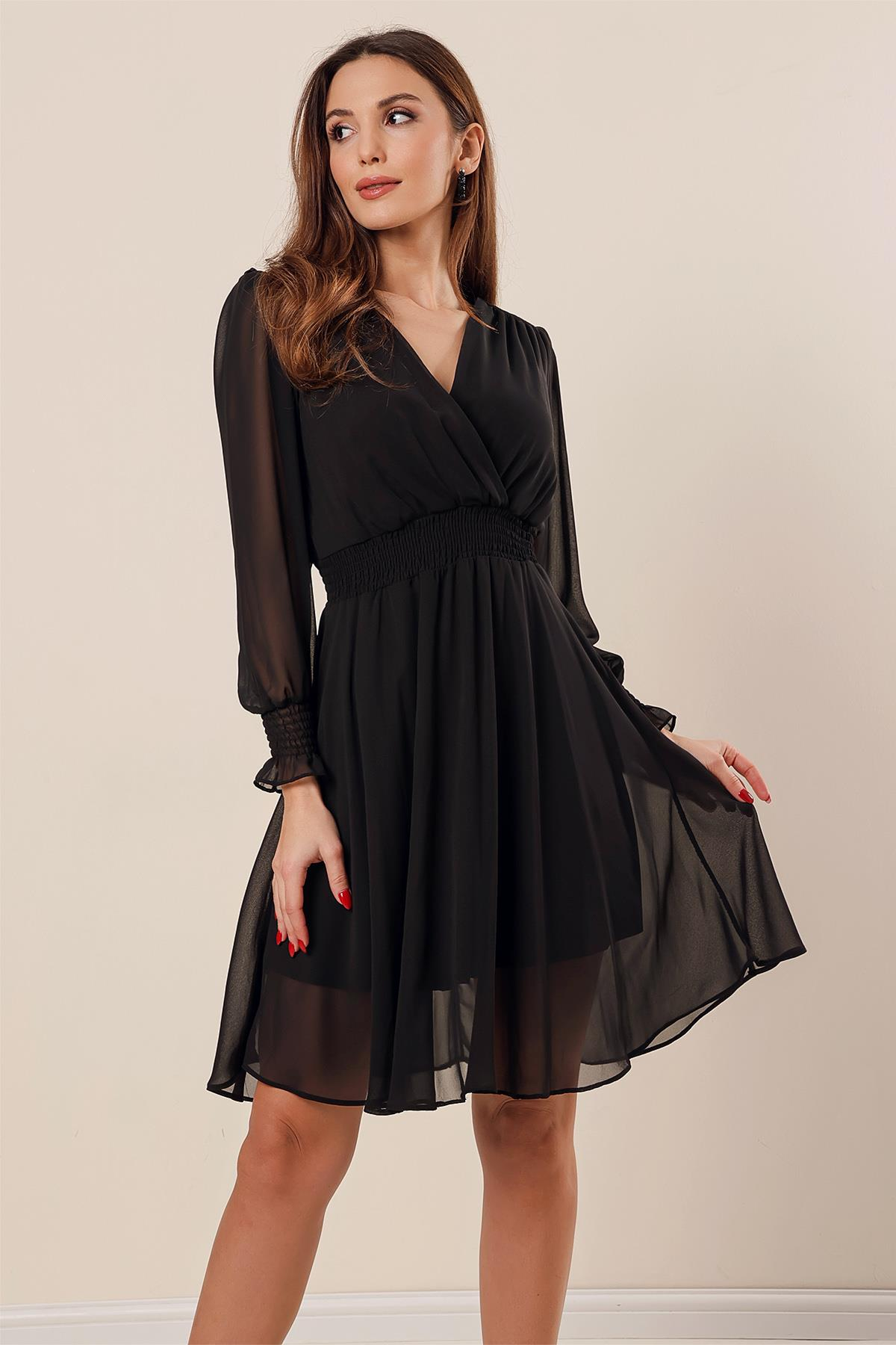 S-23K1520022Crossover Neckline with lace waist and chiffon dress Short Sleeve front Ends are lined up