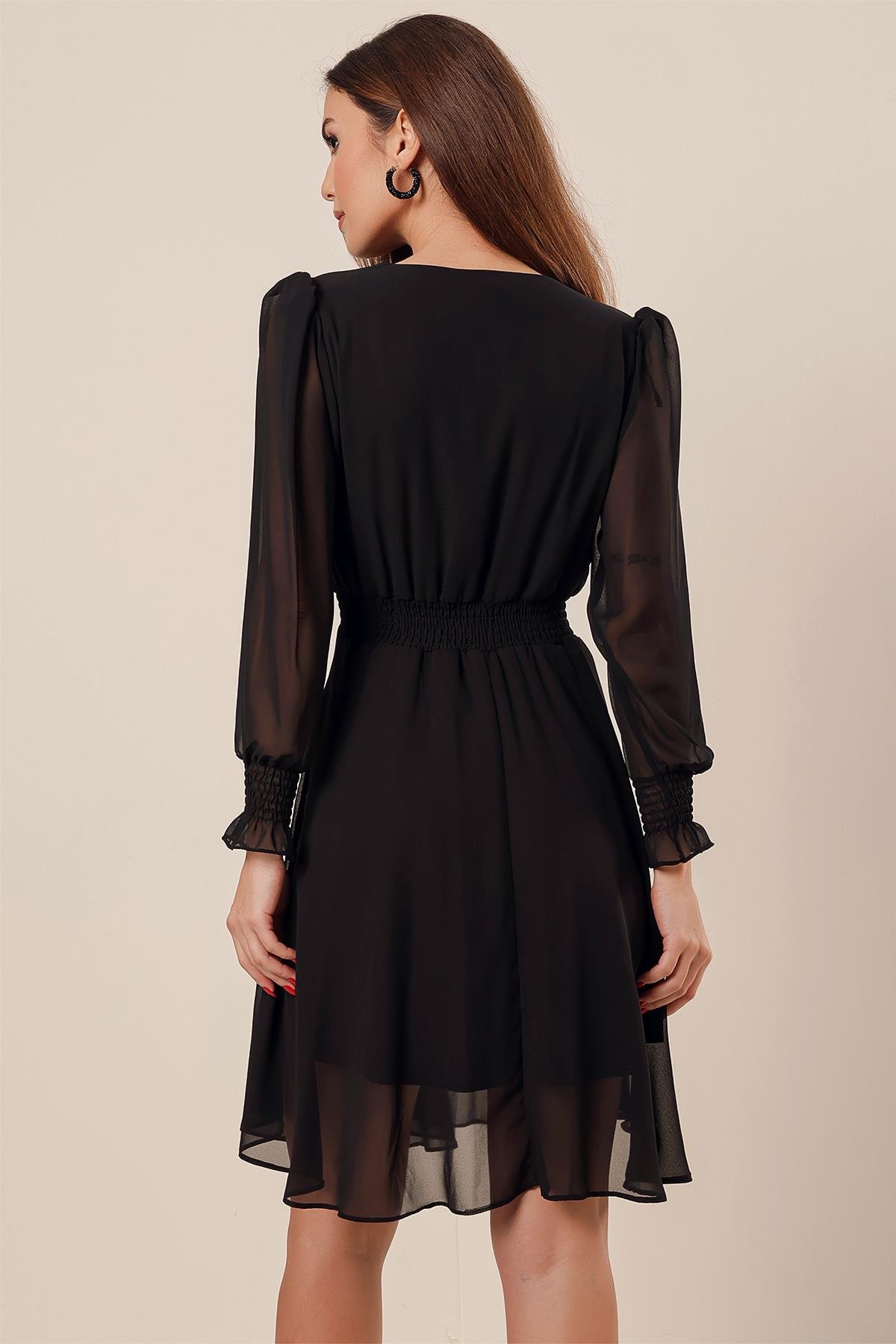 S-23K1520022Crossover Neckline with lace waist and chiffon dress Short Sleeve front Ends are lined up