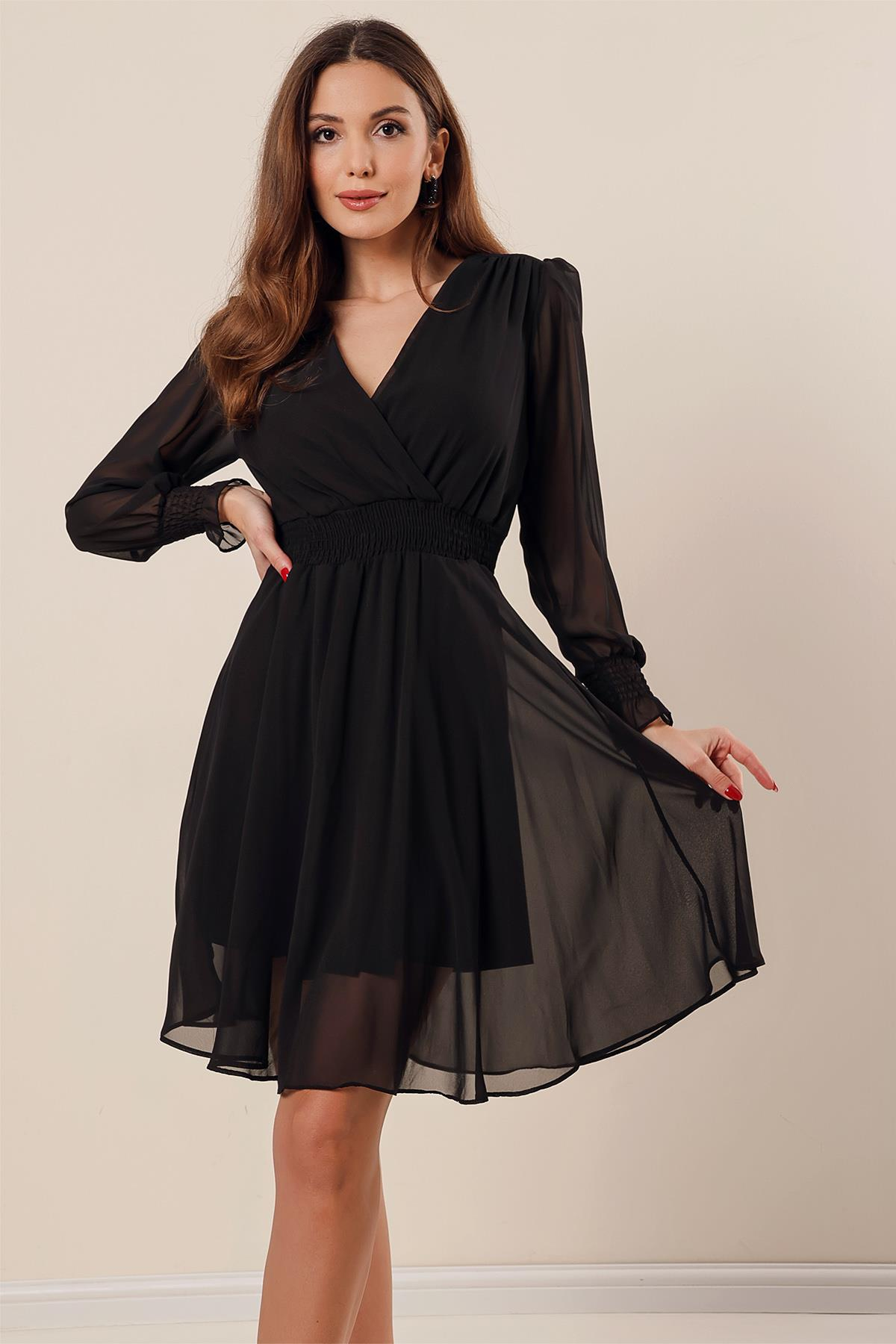 S-23K1520022Crossover Neckline with lace waist and chiffon dress Short Sleeve front Ends are lined up