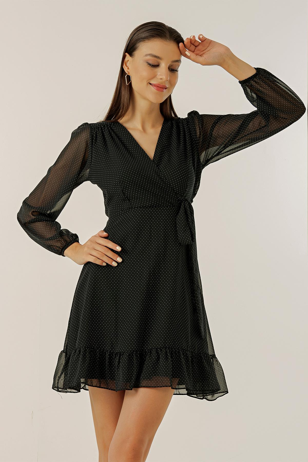 S-23K1520023Crossover Neckline Polka Dot Side Tie, Lined Chiffon Dress Short