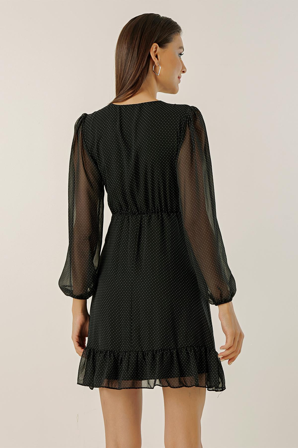 S-23K1520023Crossover Neckline Polka Dot Side Tie, Lined Chiffon Dress Short