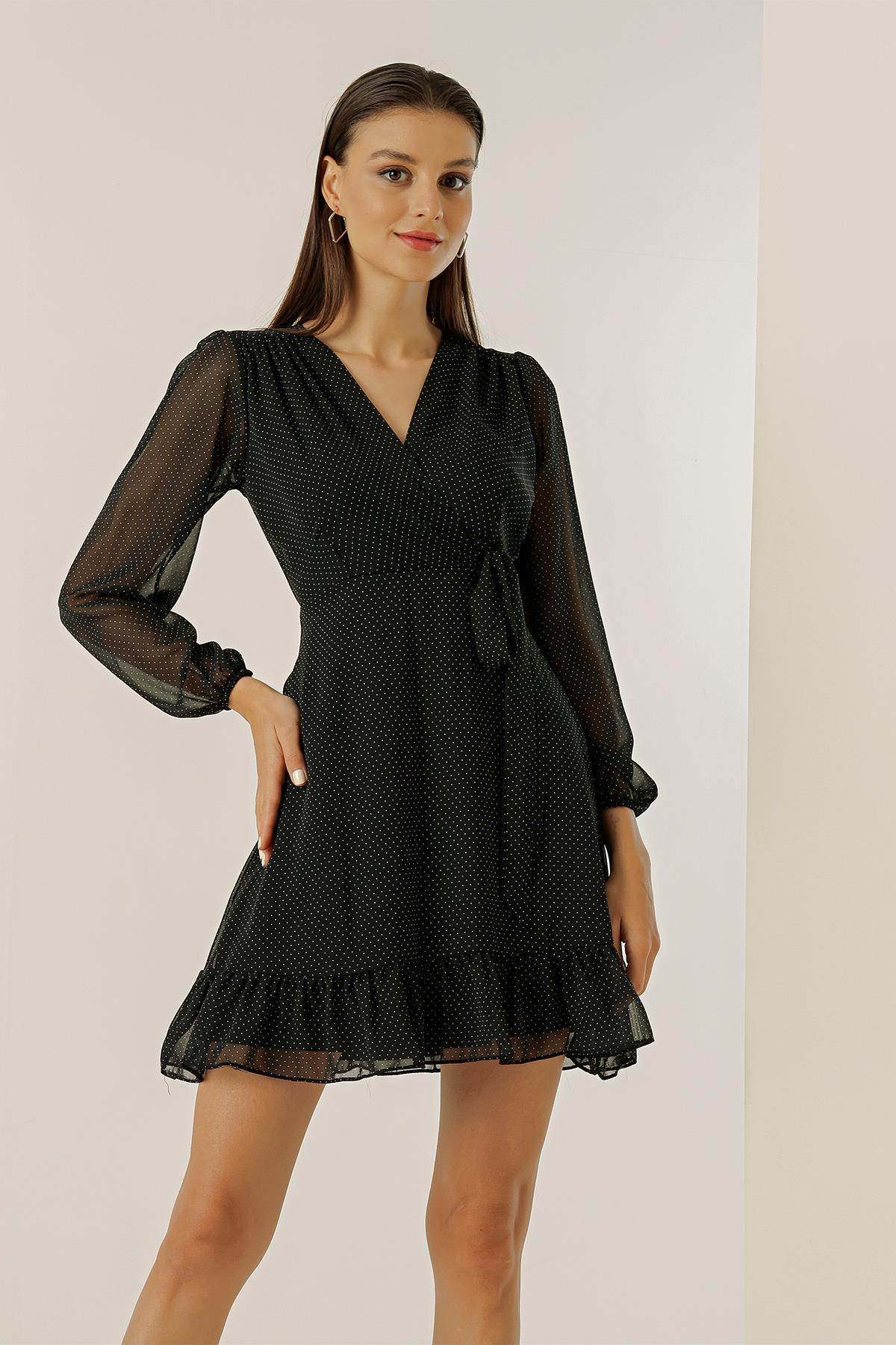 S-23K1520023Crossover Neckline Polka Dot Side Tie, Lined Chiffon Dress Short