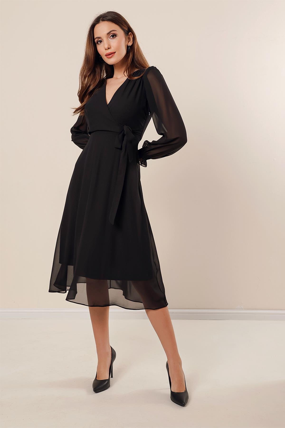 S-23K1520026Crossover Neck side-tie chiffon dress Lined