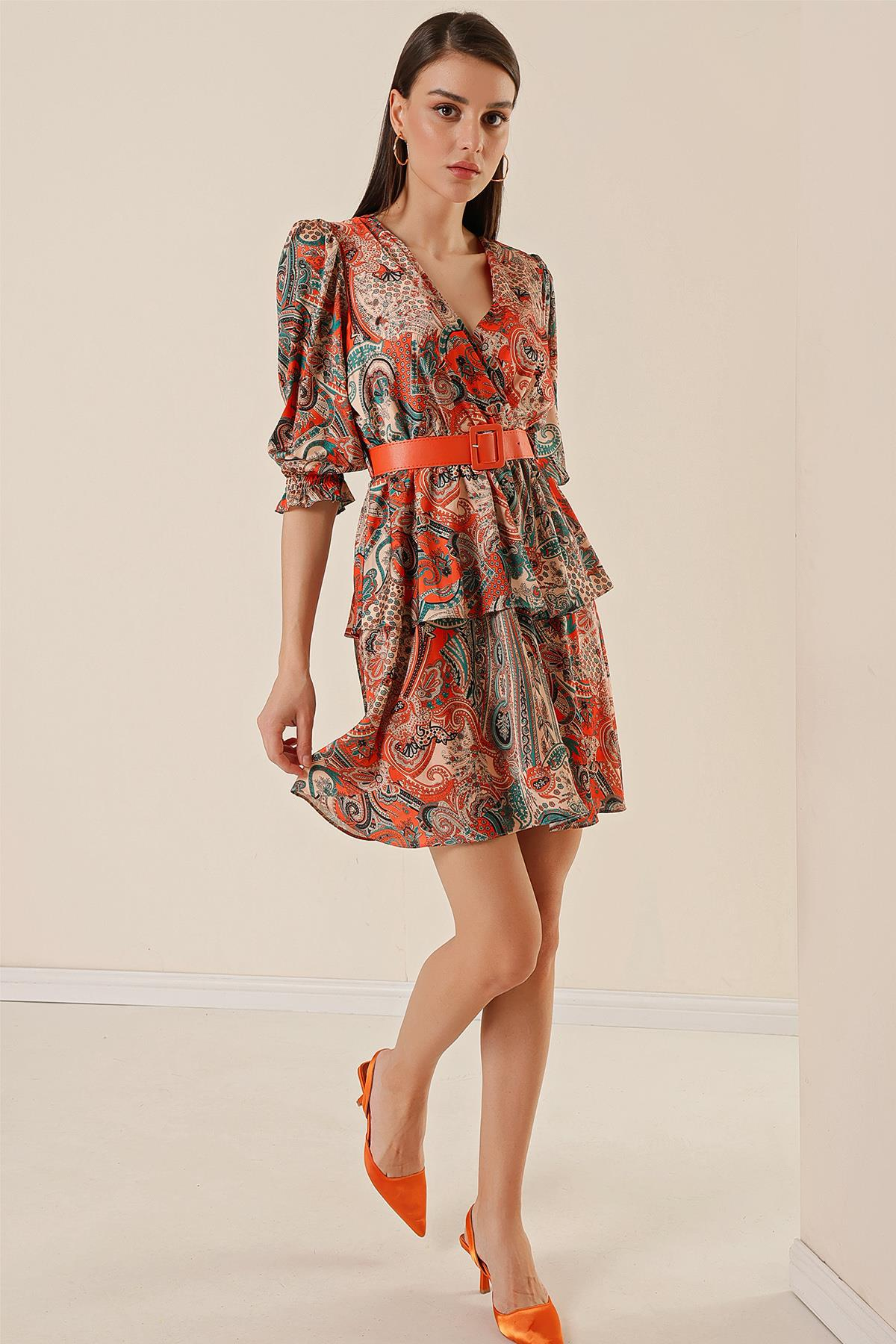 S-23K1520042Buy Patterned Shawl Neck Belted Layered Dress Lined Crossover