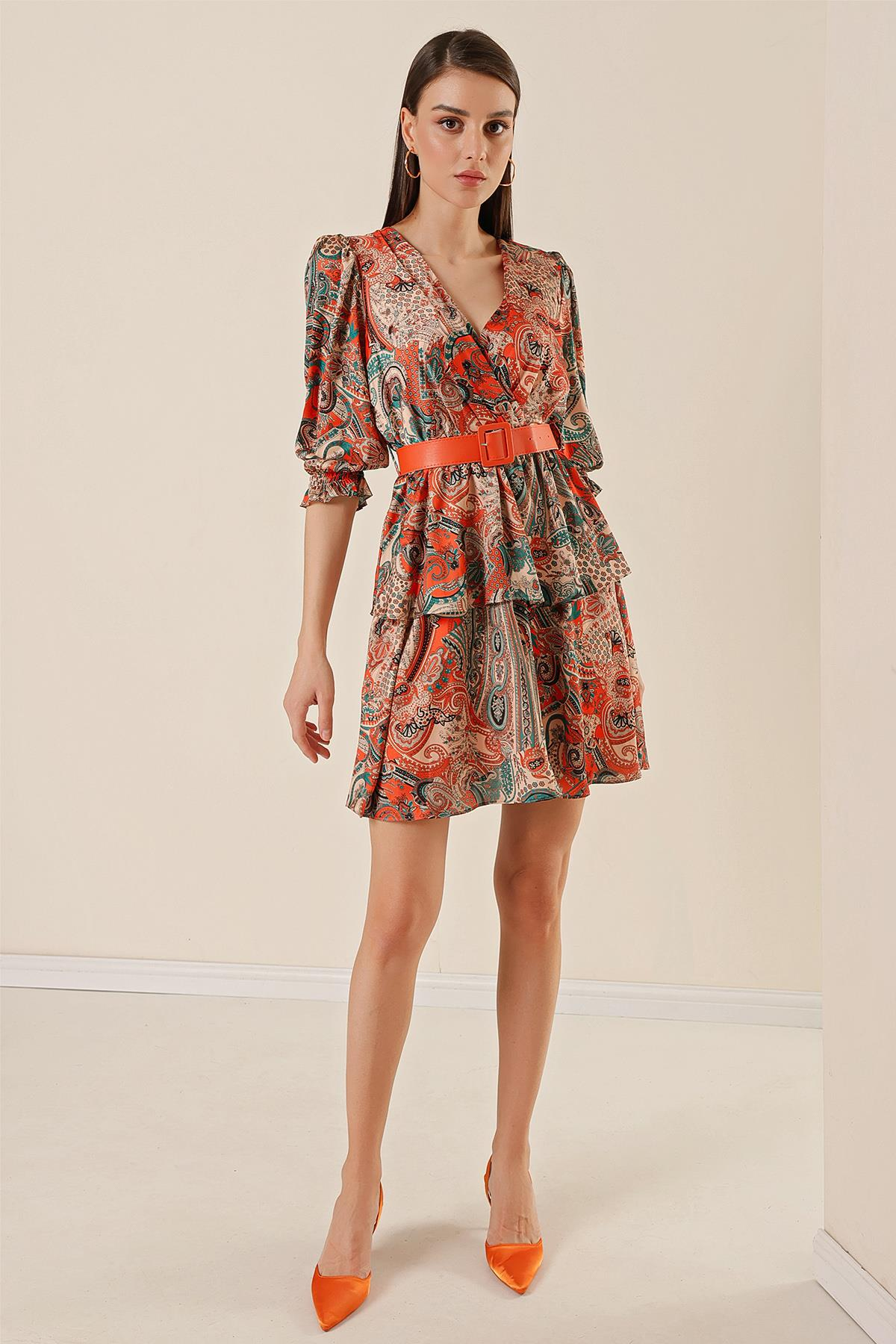 S-23K1520042Buy Patterned Shawl Neck Belted Layered Dress Lined Crossover