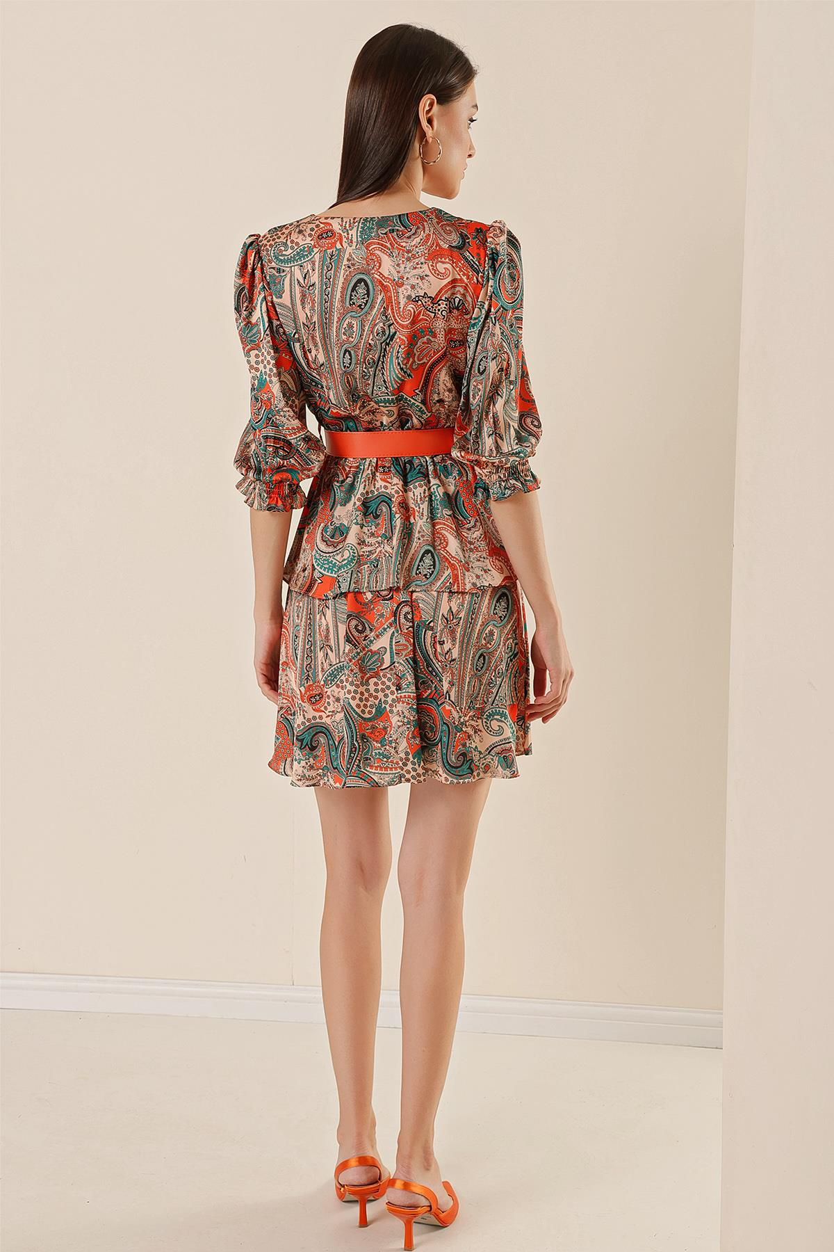 S-23K1520042Buy Patterned Shawl Neck Belted Layered Dress Lined Crossover