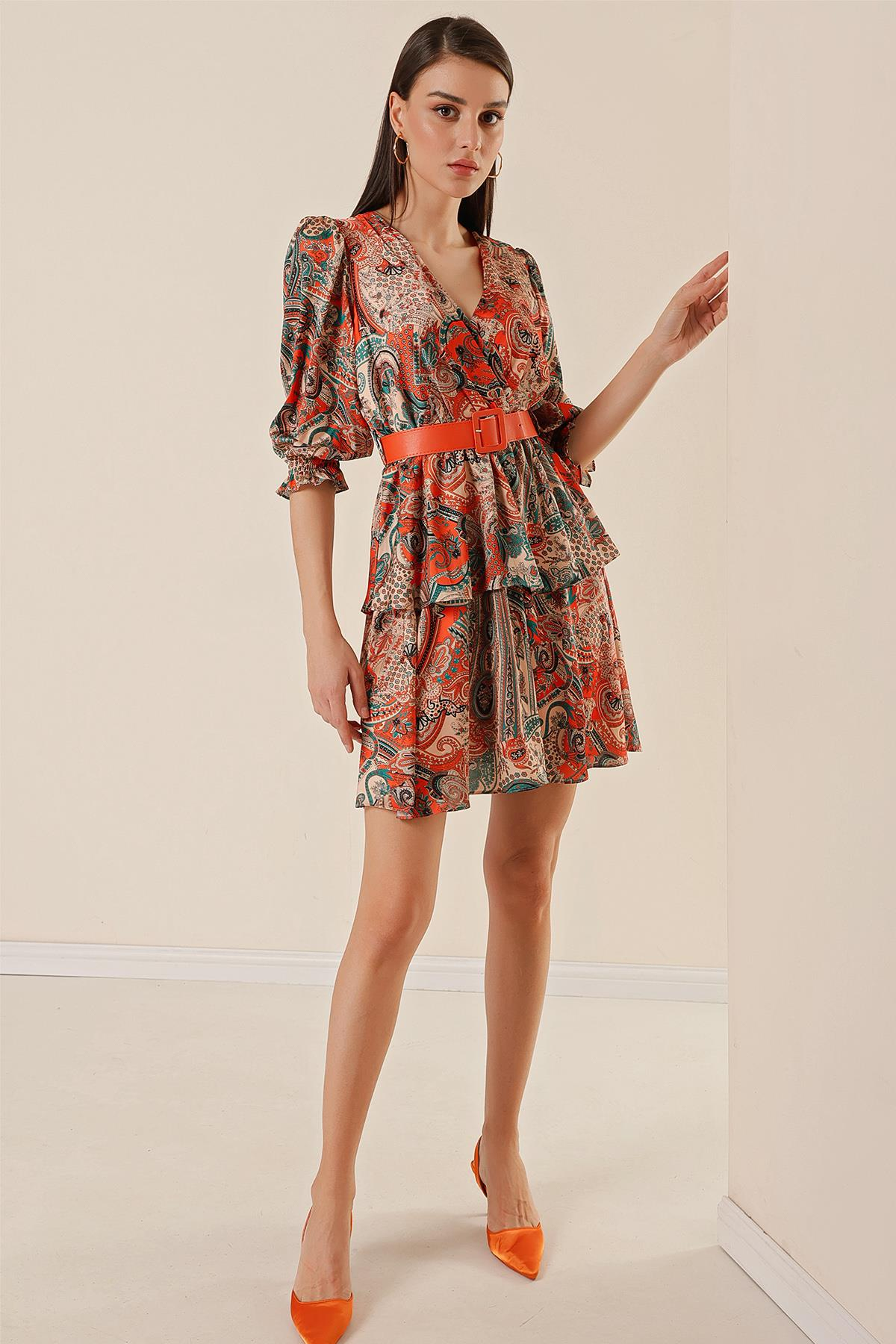 S-23K1520042Buy Patterned Shawl Neck Belted Layered Dress Lined Crossover