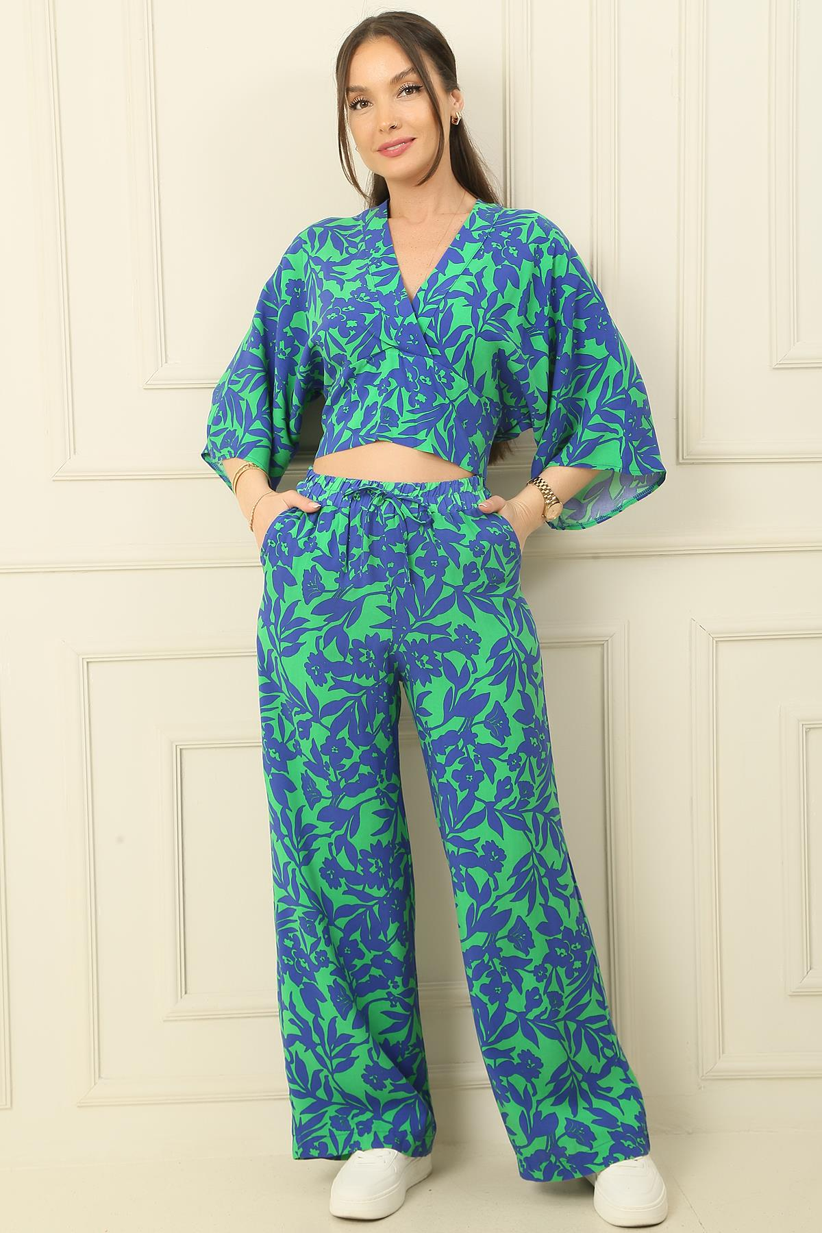 S-23K1520057Front and back V-neck Batwing Sleeve Top with floral palazzo pants with pockets elastic waist pattern 2-piece set