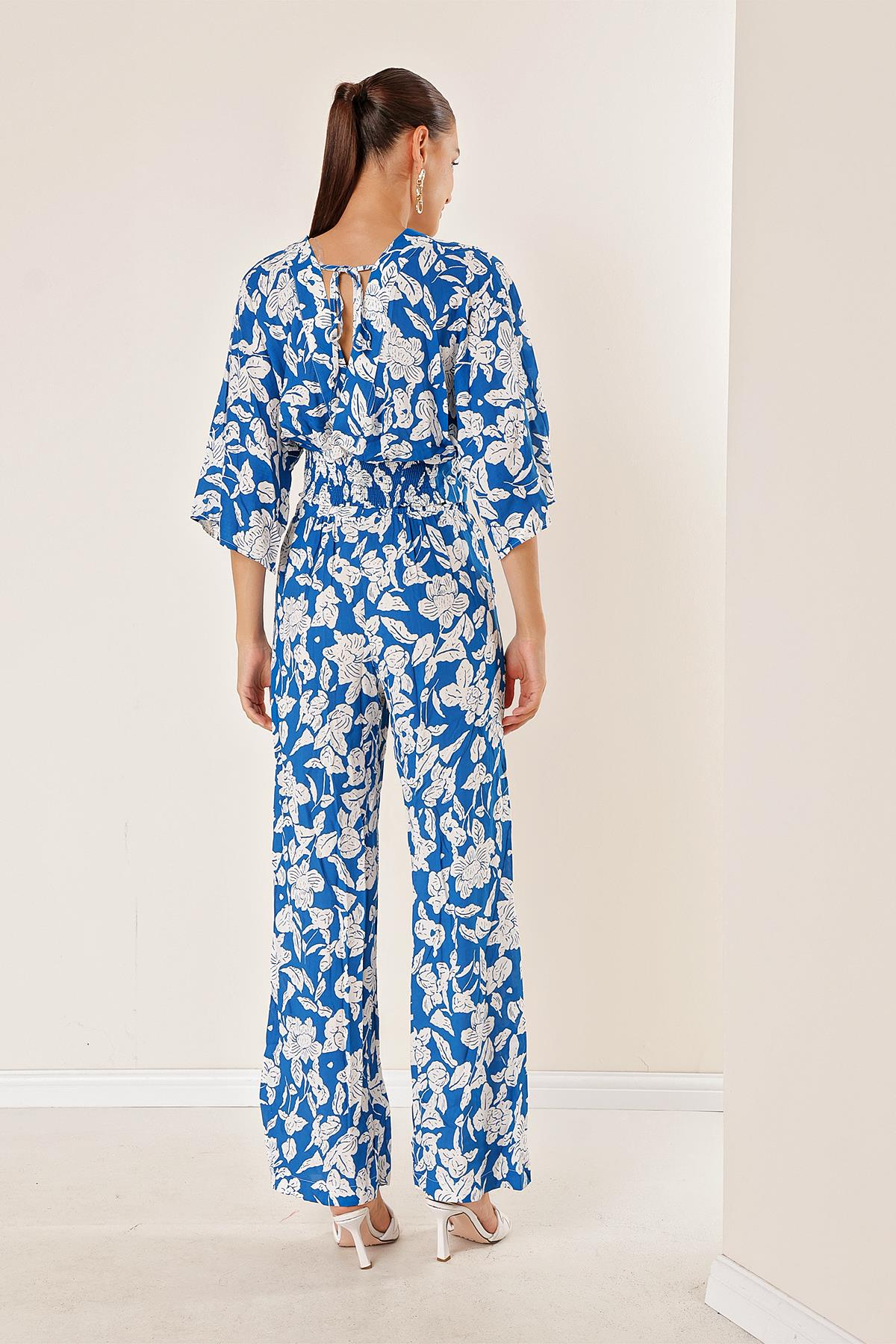 S-23K1520069Elasticated Back Waist Patterned Palazzo Pants Two Piece Set V Neck Crop Front Pocketed Blue