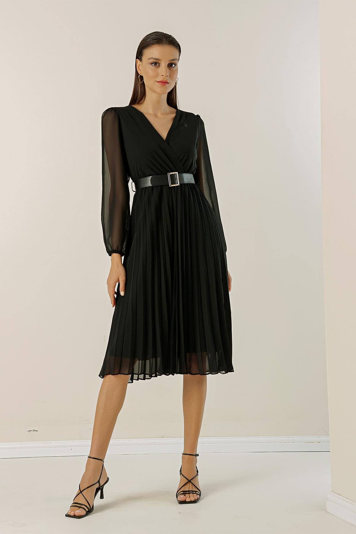 S-23K1520078Lined Crossover Neck Pleated Belted Chiffon Dress